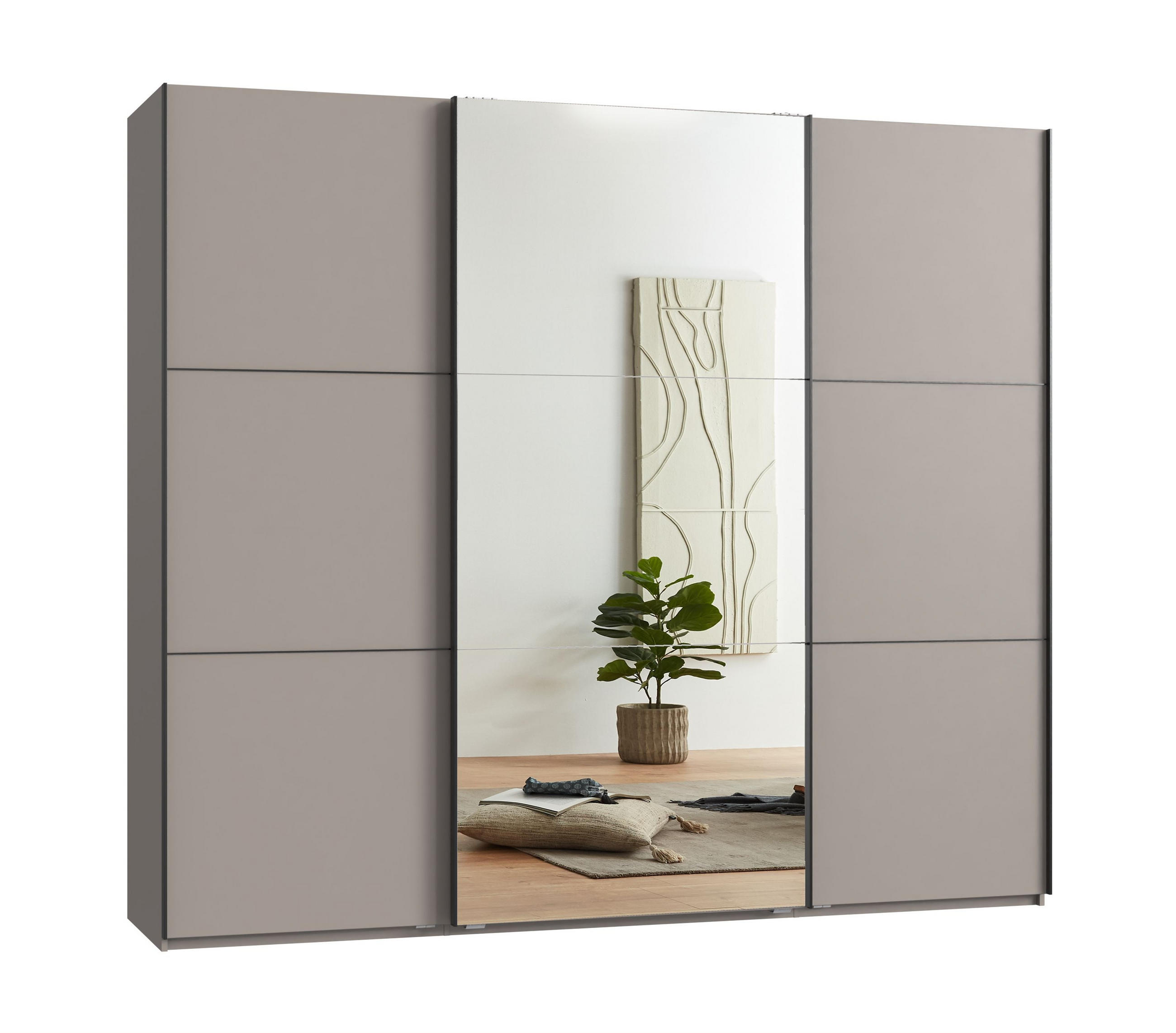 luma-home SKŘÍŇ S POSUVNÝMI DVEŘMI, 3dveřová, 250 × 216 × 65 cm (Š×V×H), v pískově šedé barvě, s jedním zrcadlovým křídlem, včetně kompletního vybaven