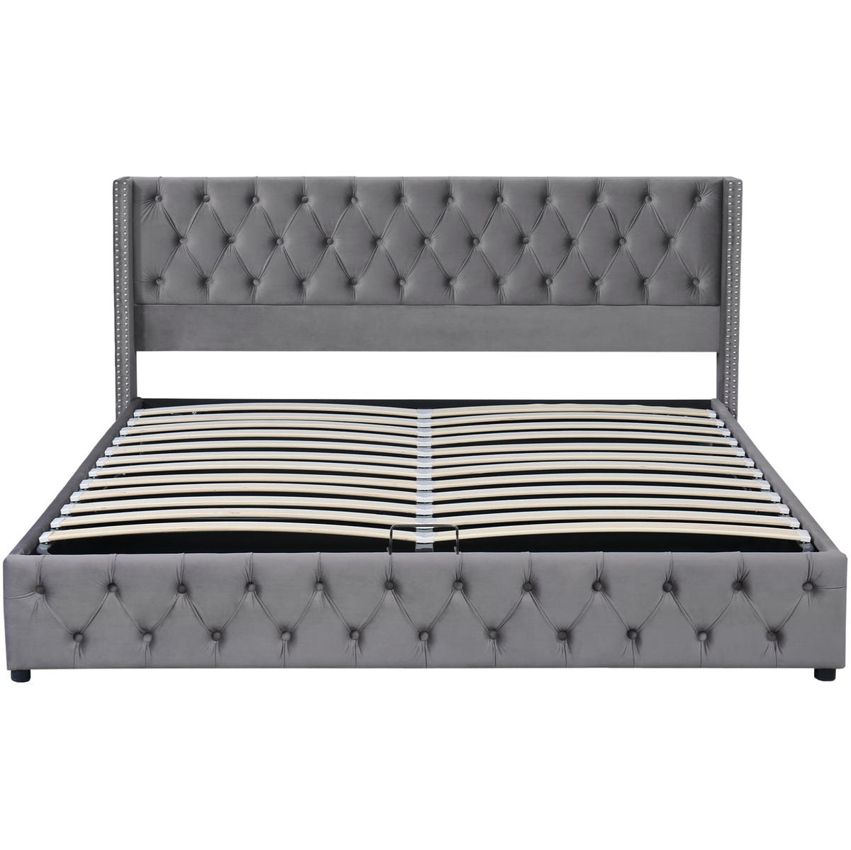 POLSTERBETT 160/200 cm grau mit hydraulischem Bettkasten und Chesterfield-Design - Grau, Textil (160/200cm) - OKWISH