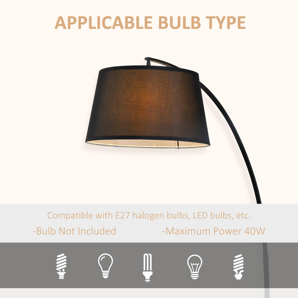 GOLVLAMPA Vardagsrumslampa med lampskärm i tyg, fotströmbrytare - Svart, Metall (105/47/190cm) - HOMCOM