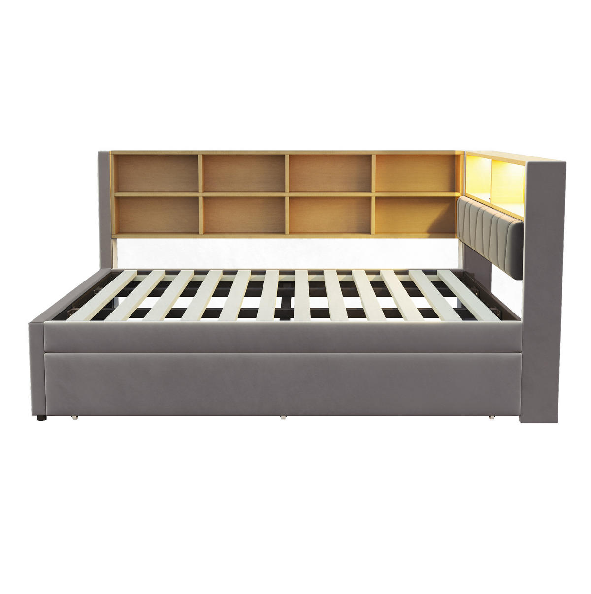 BETT 140/200 cm mit Ausziehbett 90/190 cm, LED und Stauraum, Dunkelgrau - Dunkelgrau, Textil (140/200cm) - BEAOK