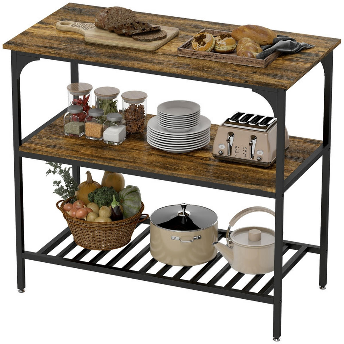 STANDREGAL Küchenregal 100/50/90 cm mit 3 Ebenen in Rustikalbraun und Schwarz - Braun, Holz (100/90/50cm) - BEAOK