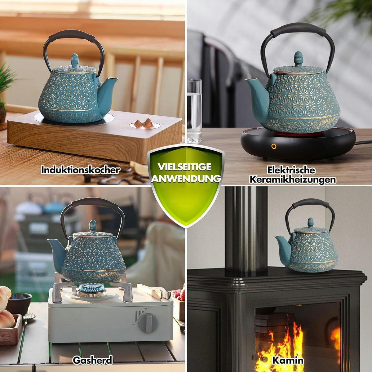 TEEKANNE Gusseisen 950ml Kirschblütenmuster Blau - Türkis, Metall (17/8cm)
