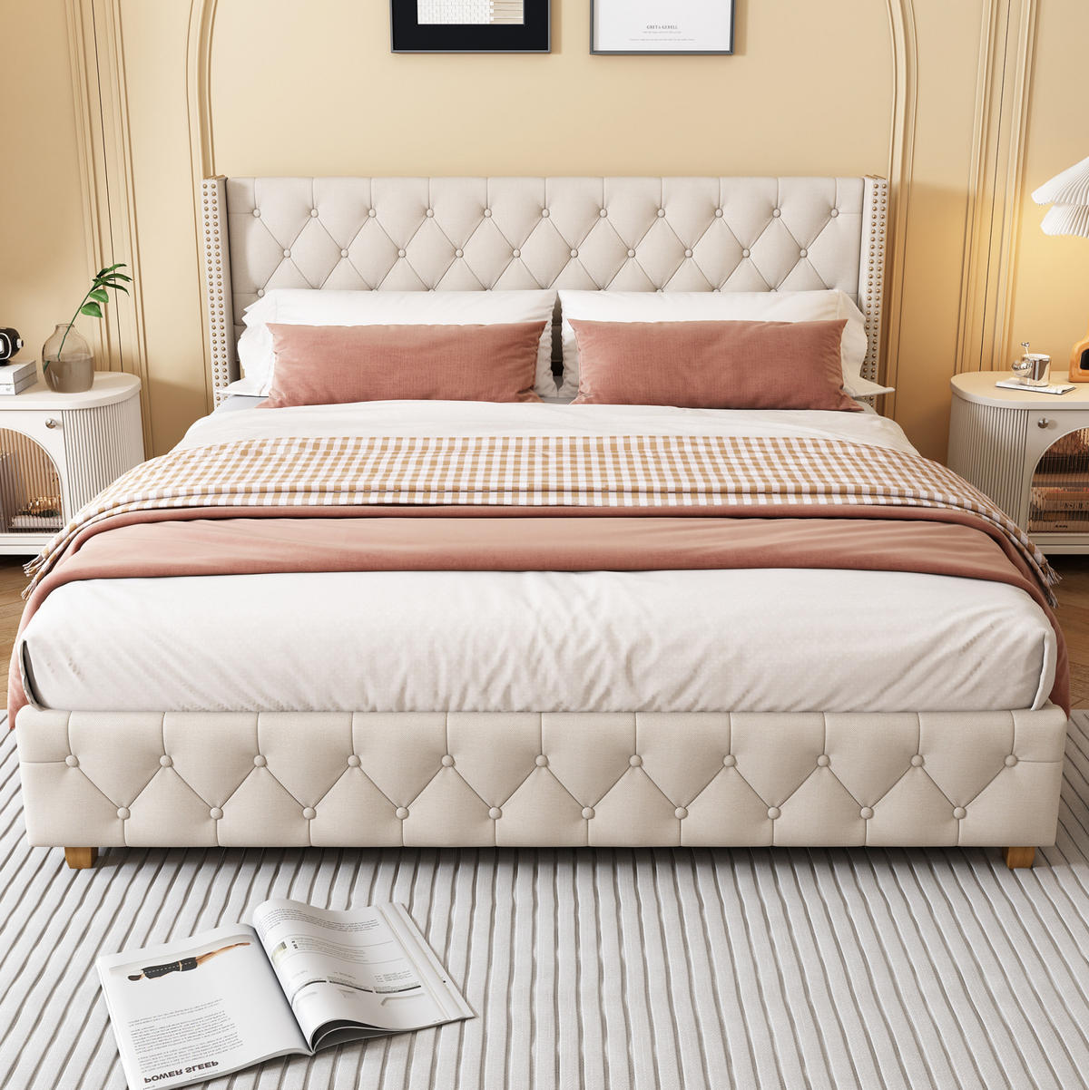 POLSTERBETT 140/190 cm aus Leinen in Beige mit Lattenrost - Beige, Textil (140/190cm) - Flora Grace