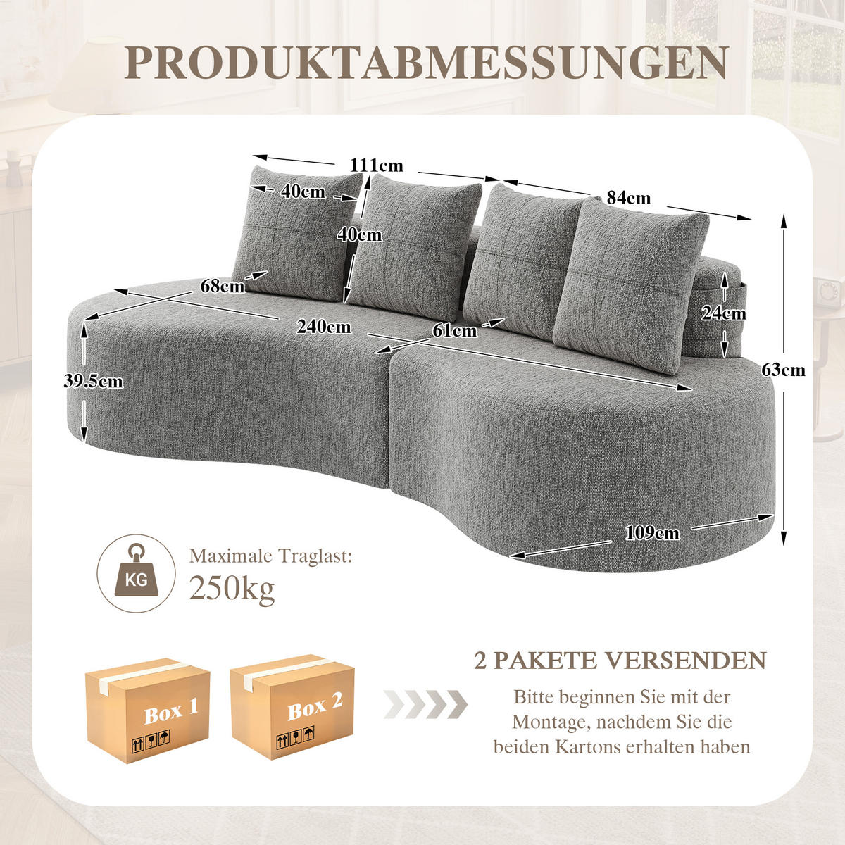 3-SITZER SOFA leinenstoff farbwahl mit getränkehalter & seitentaschen - Hellgrau, Textil (240/63/109cm) - Urban Meuble