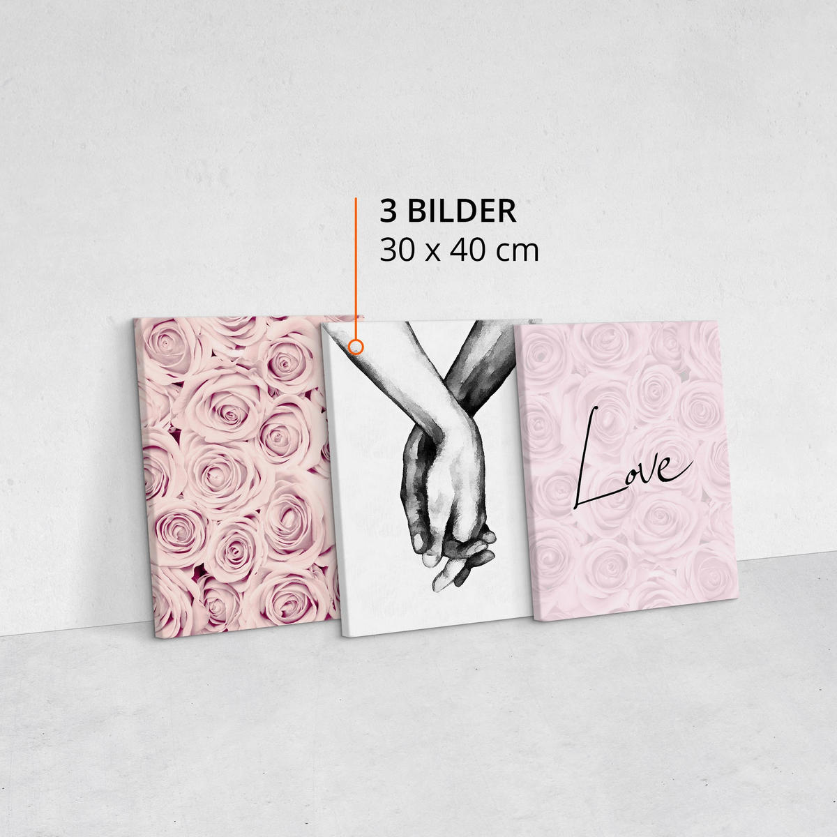 LEINWANDBILDER 3-er Set Blumen 3D Hände - Schwarz/Weiß, Textil (90/40cm) - Muralo