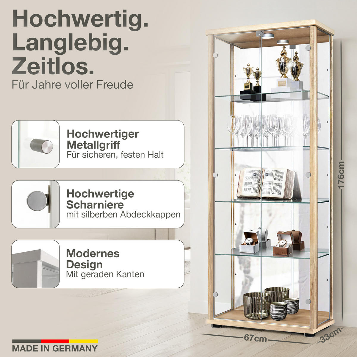 GLASVITRINE 33/67/176 cm mit Spiegel, LED, Schloss & 4 höhenverstellbaren Glasböden - Transparent/Silberfarben, Glas/Holzwerkstoff (67/176/33cm) - K-Möbel