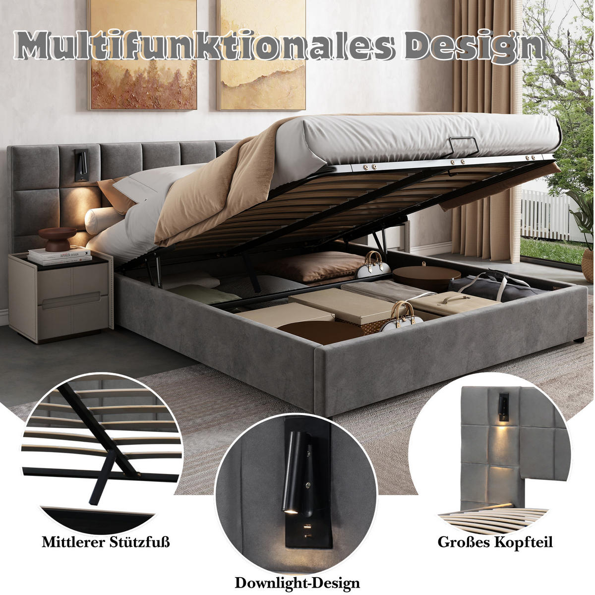 POLSTERBETT 180x200cm mit Stauraum und LED-Beleuchtung - Grau, Holzwerkstoff/Textil - Urban Meuble