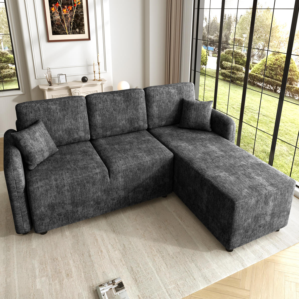 ECKSOFA 187.5/144/85.5 cm Schwarz Chenille mit 2 Kissen - Schwarz, Kunststoff/Textil (187.5/144cm) - Oxeza