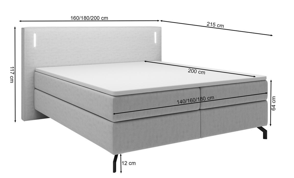 BOXBETT Lanco Grau Velours 180/200 cm - Schwarz/Grau, Textil/Metall (180/200cm) - Selsey