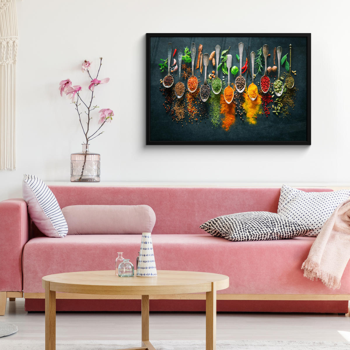 ZARÁMOVANÝ PLAGÁT Bylinky - korenie - lyžičky 90x60 cm - kari žltá, papier (90/60cm) - MuchoWow