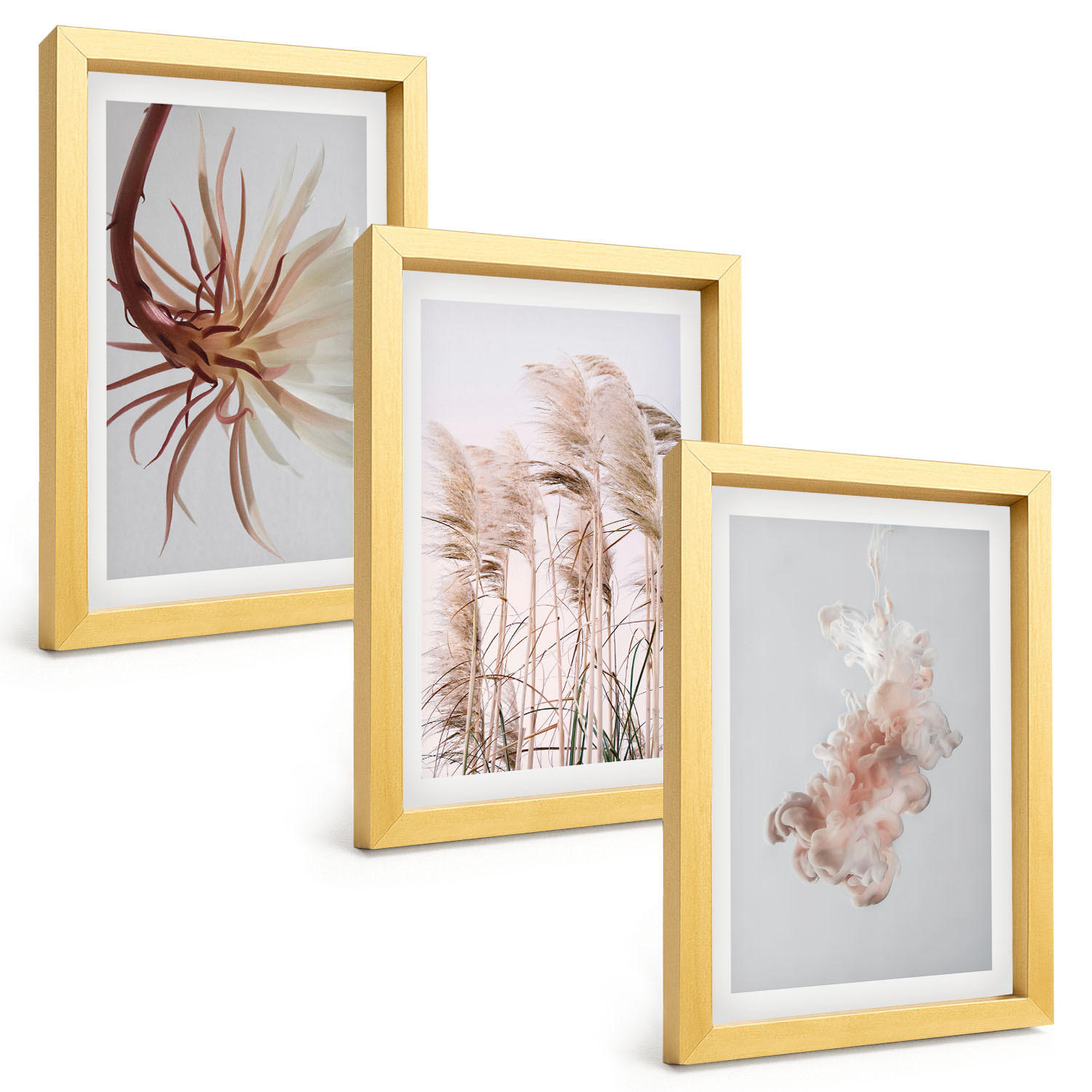 BILDER SET 3er Set - 20x30 cm Goldrahmen - Set aus Gras, Blumen und hellem Hintergrund - Goldfarben, Kunststoff (20/30cm) - TULUP