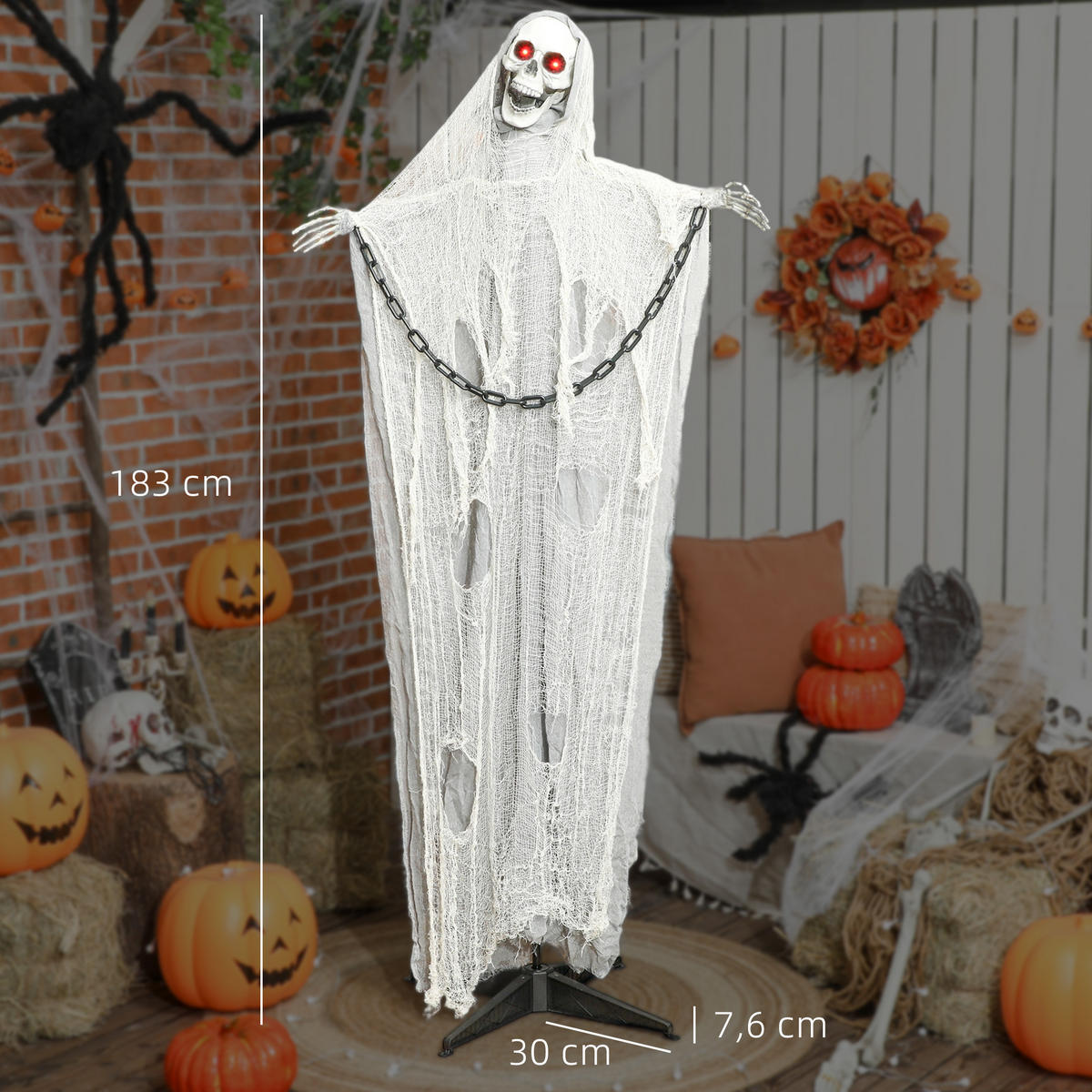 HALLOWEEN-DEKORATION Sensenmann 183 cm mit LED-Lichter, Soundfunktion - Grau, Textil (16/183/70cm) - Outsunny