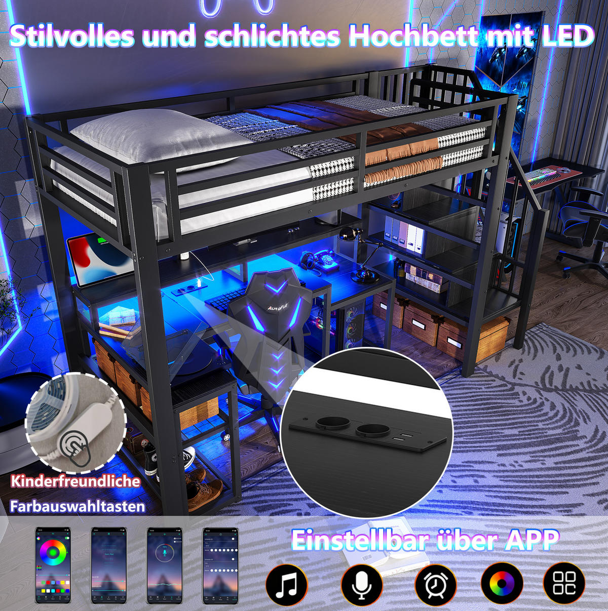 HOCHBETT 90/200 cm aus Metall mit Schreibtisch und LED-Beleuchtung - Schwarz, Metall (90/200cm) - Flora Grace