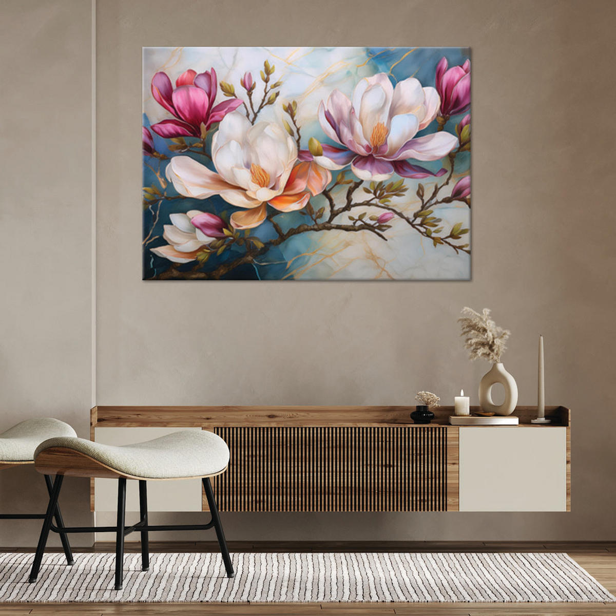 WANDBILD magnolien bunte blumen marmor - Multicolor, Textil (60/40cm) - Feeby