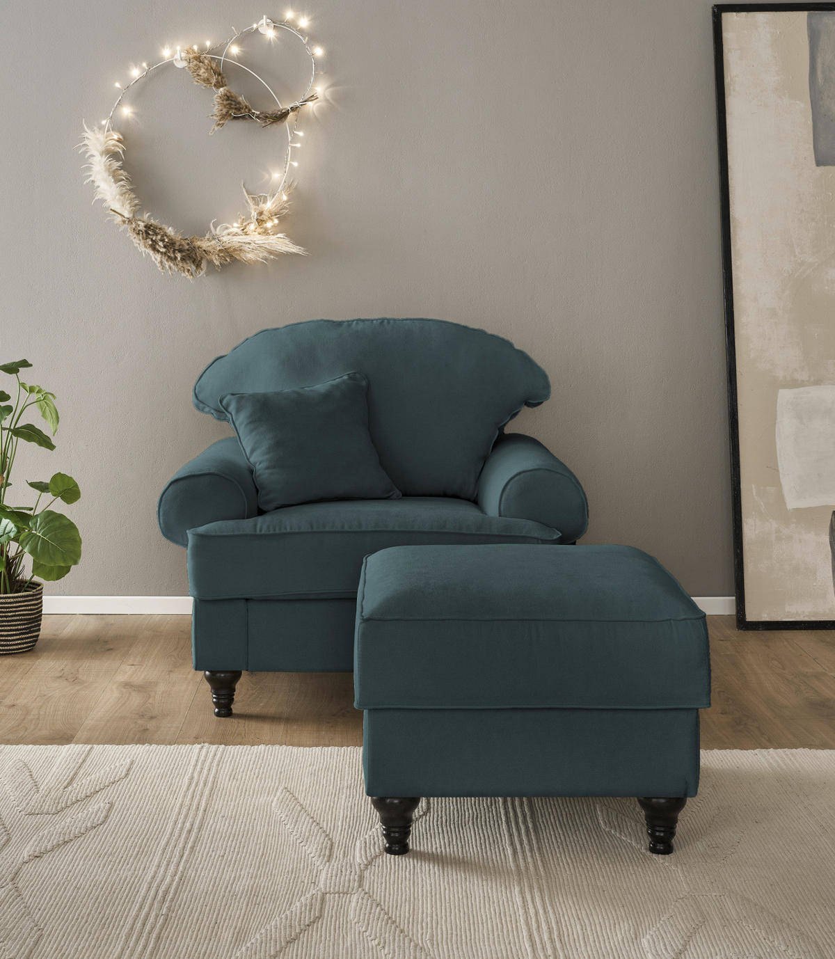 SESSEL-SET blaugrün Landhaus, Loungesessel inklusive Hocker - Dunkelgrün/Braun, Holz/Textil (175/95/110cm) - Furn.Design