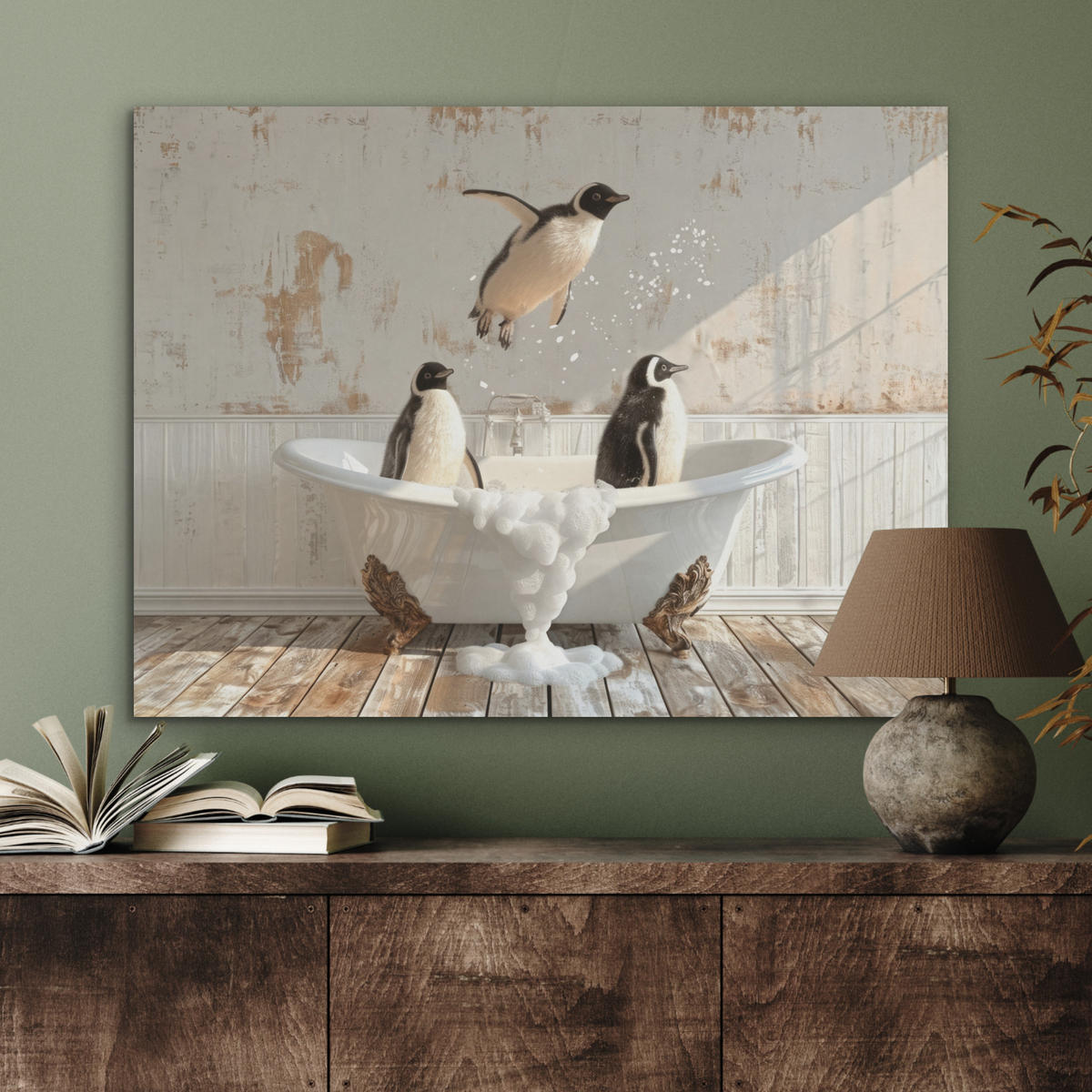 AKUSTIKPANEEL Vintage - Pinguin - Badewanne - Schaumstoff 80x60 cm - Schwarz, Textil (80/0.9/60cm) - MuchoWow