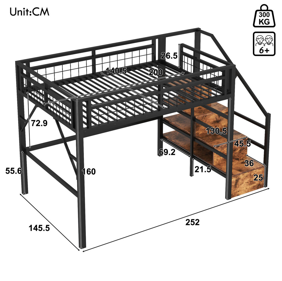 HOCHBETT 140/200 cm Schwarz mit LED-Lichtleiste und Stauraum - Schwarz, Metall (140/200cm) - MIVRAY