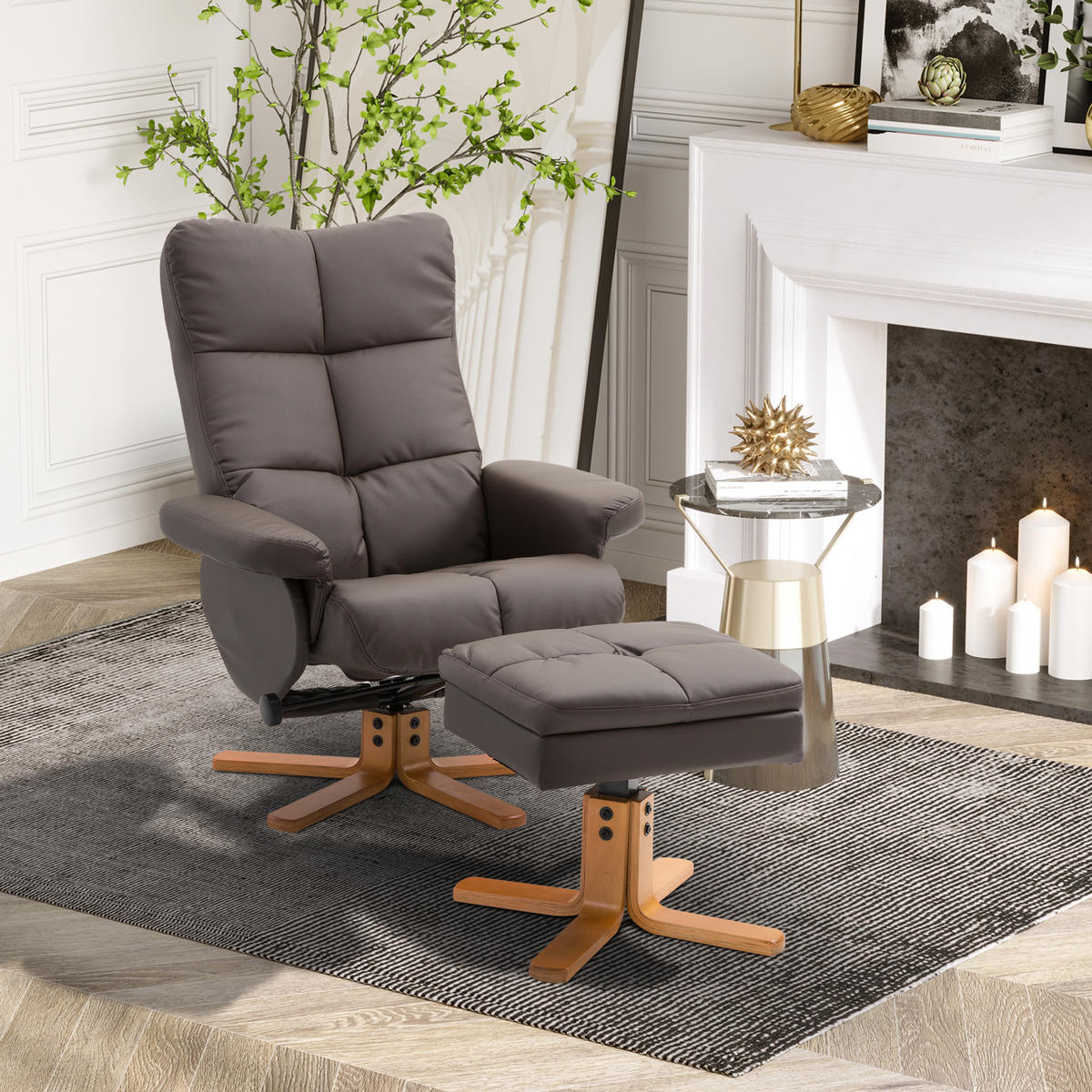 RELAXSESSEL mit Hocker Fernsehsessel 360° drehbar Liegefunktion Holz Braun - Braun, Holz (86/99/80cm) - HOMCOM