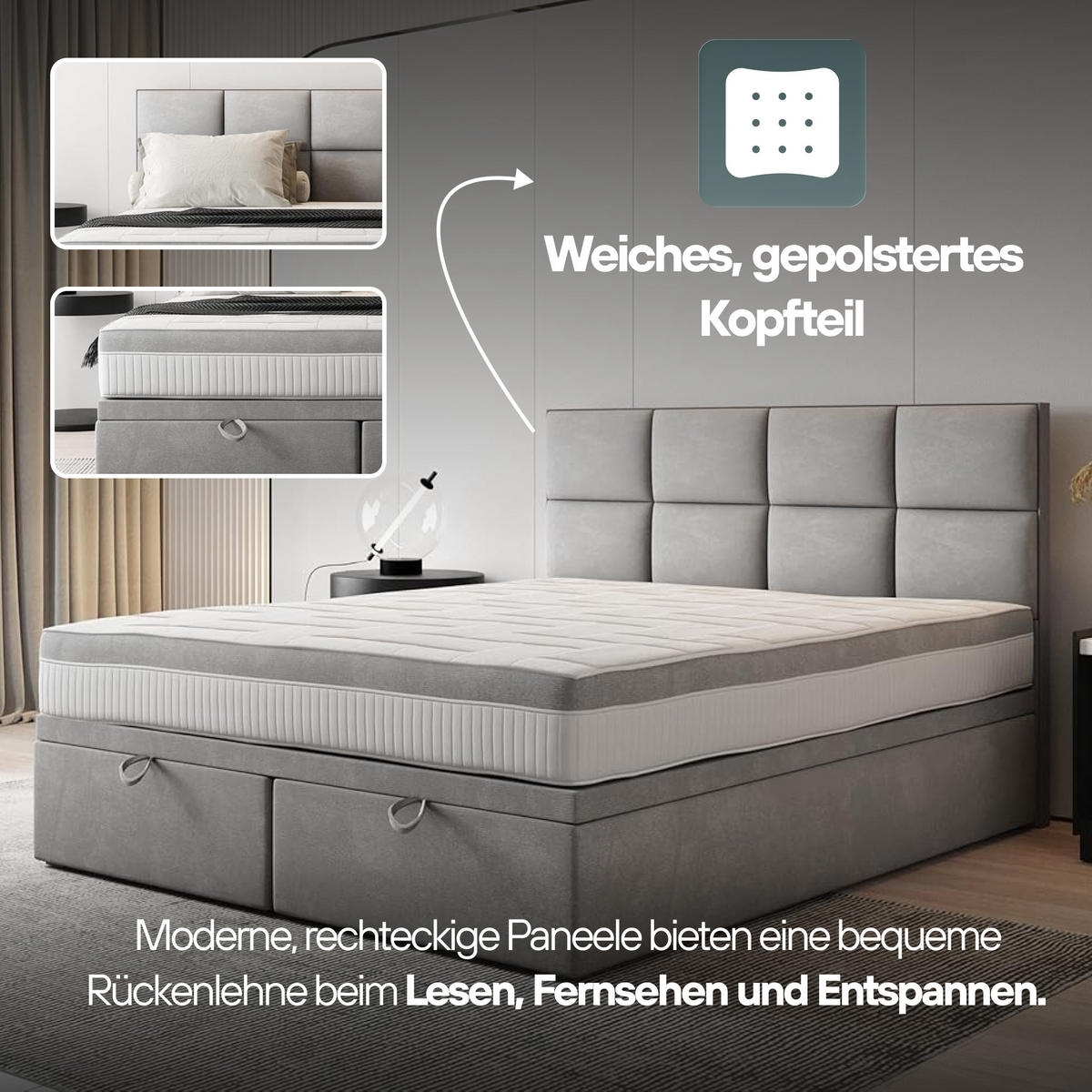 BOXBETT 140 x 200 cm mit Taschenmatratze TROPEA, Bettkasten und Gasöffnungsmechanismus und gepolsterte Kopfstütze, Grau - Grau, Holz/Kunststoff (140/200cm) - Trada