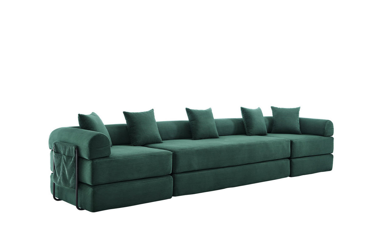 MODULARES Sofa 270/180/64 cm aus Cord mit Schlaffunktion und Seitentasche Smaragdgrün - Smaragdgrün, Textil (180/64/270cm) - Modenvie