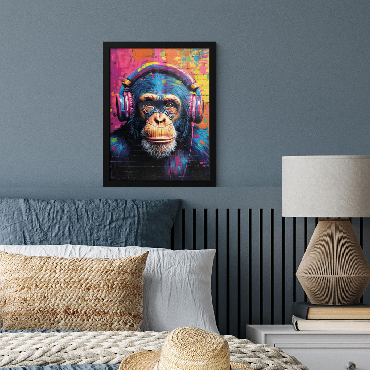 GERAHMTES BILD Graffiti - Schimpanse - Straßenkunst - Kopfhörer - Affe 30x40 cm - Blau, Papier (30/40cm) - MuchoWow