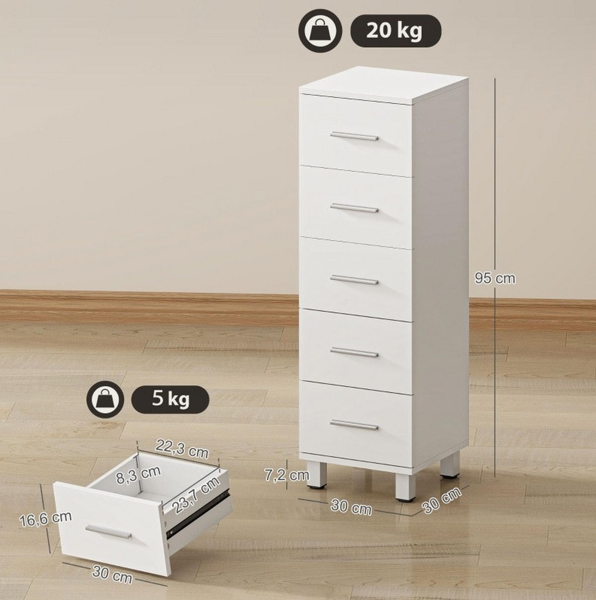 BADEZIMMERSCHRANK schmal 30 x 30 x 95 cm Weiß - Weiß, Holzwerkstoff (30/95/30cm) - Beauniv