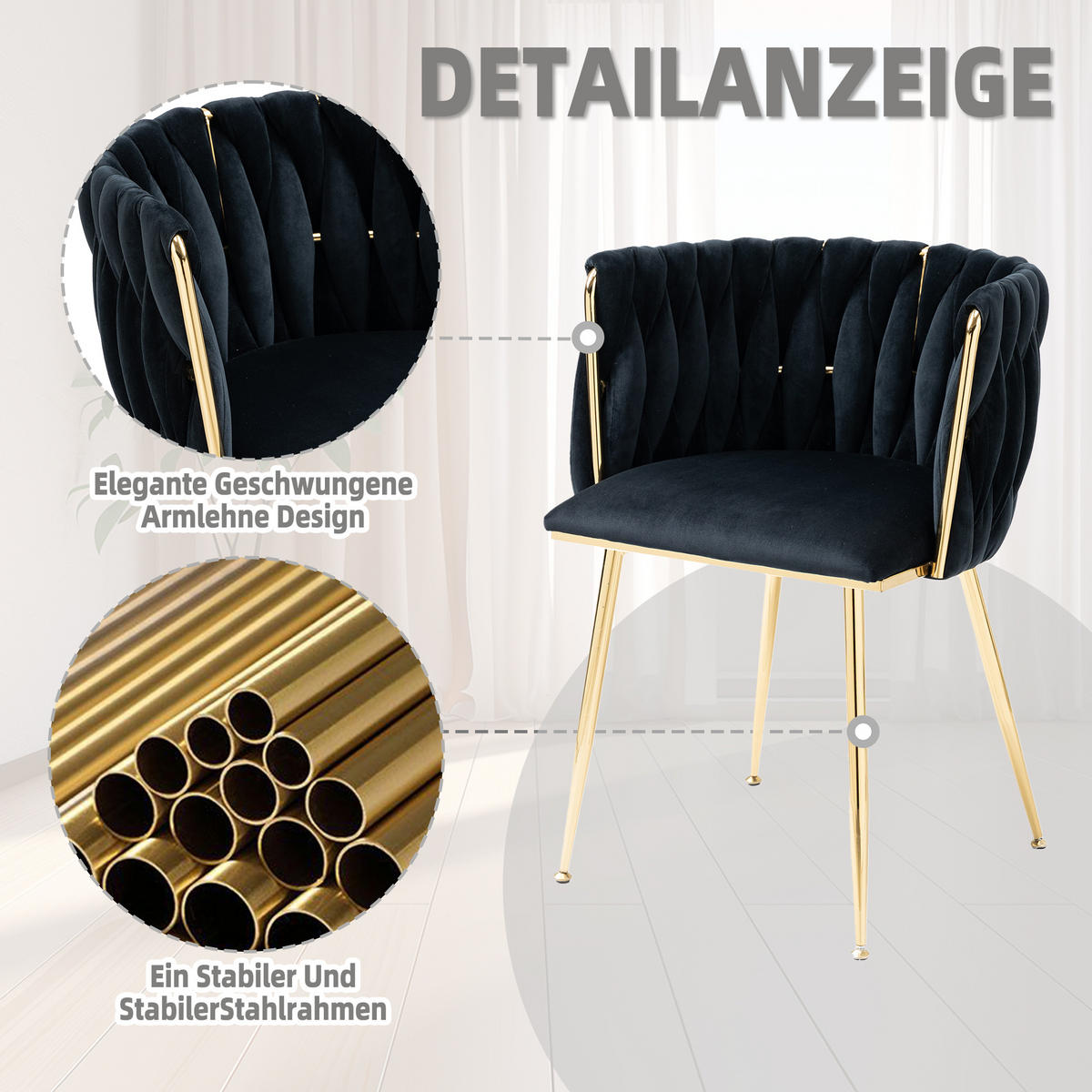 ESSZIMMERSTÜHLE 2er Set Samtbezug mit Metallrahmen, Schwarz - Goldfarben/Schwarz, Textil/Metall (55.5/74/50cm) - LVHOM