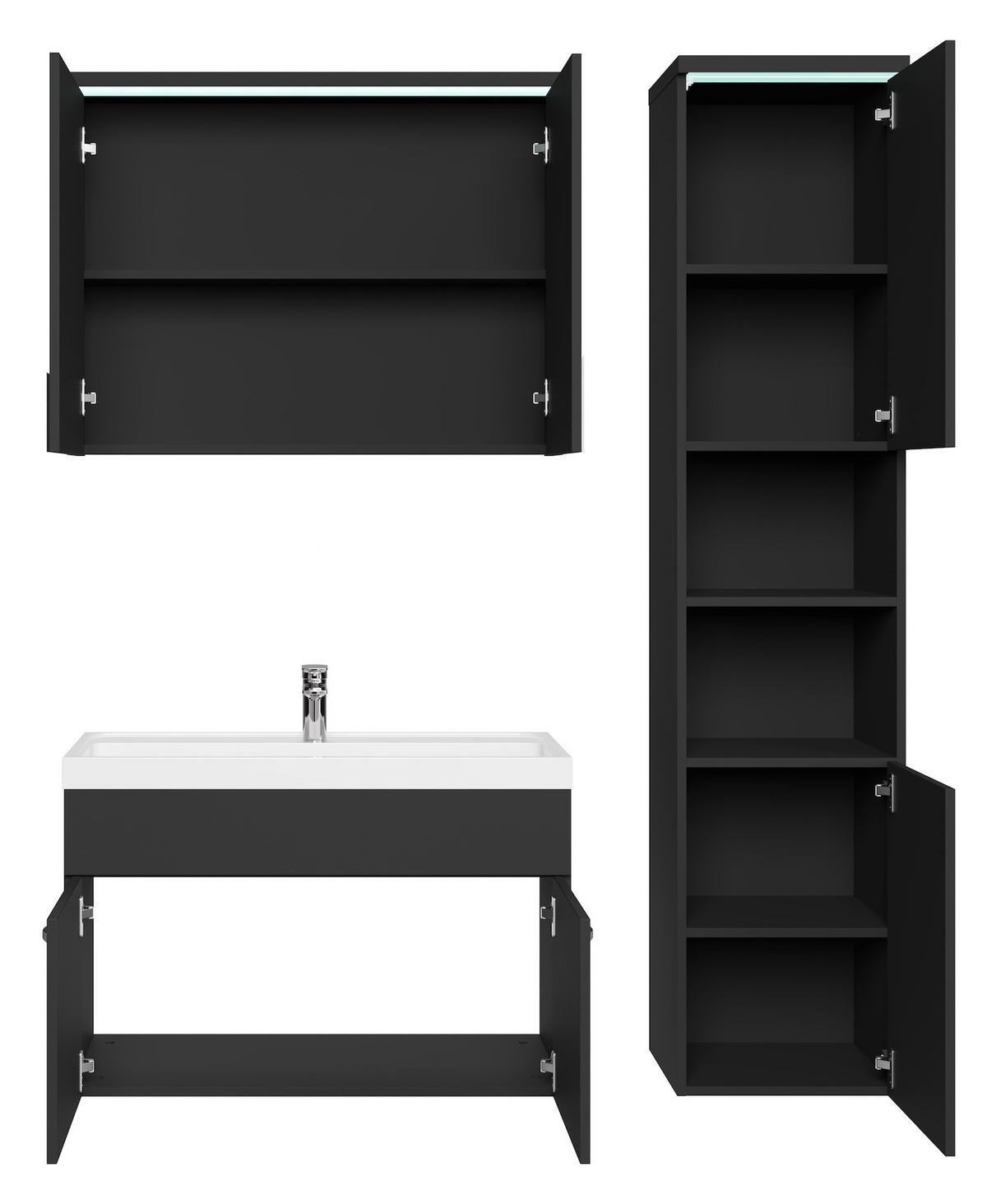 BADMÖBEL-SET Paso LED 4 Teile Schwarz Hochglanz - 80 x 35 x 55 cm - Schwarz, Holz (80/55/40cm) - Badplaats