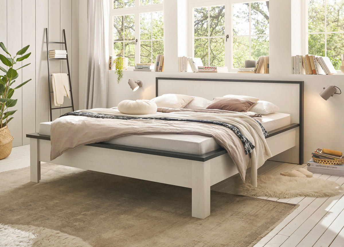 BETT weiß Pinie, anthrazit Landhaus, Doppelbett Liegefläche 180 x 200 cm - Anthrazit/Weiß, Holzwerkstoff (180/200cm) - Furn.Design