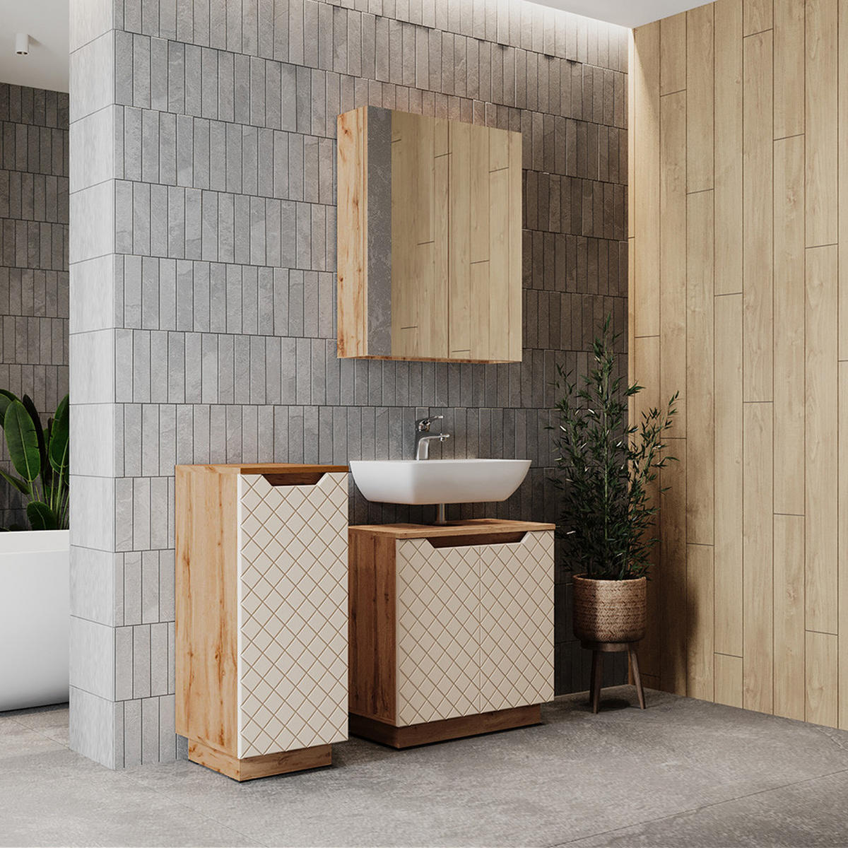 BADMÖBEL-SET Lotta Eiche/Kaschmir mit Kachelstruktur 3 Teile - Kaschmir, Holzwerkstoff (59.8/62.1/32cm) - Vicco