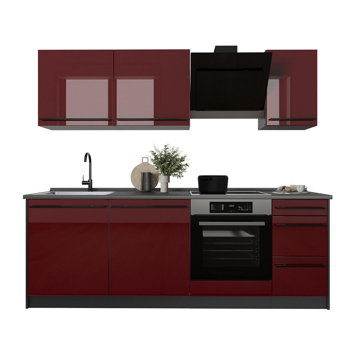 KÜCHENZEILE R-Line, Rot Hochglanz/Anthrazit, 220 cm Arbeitsplatte Goldkraft Eiche - Anthrazit/Rot, Holzwerkstoff (220/81.6/60cm) - Vicco