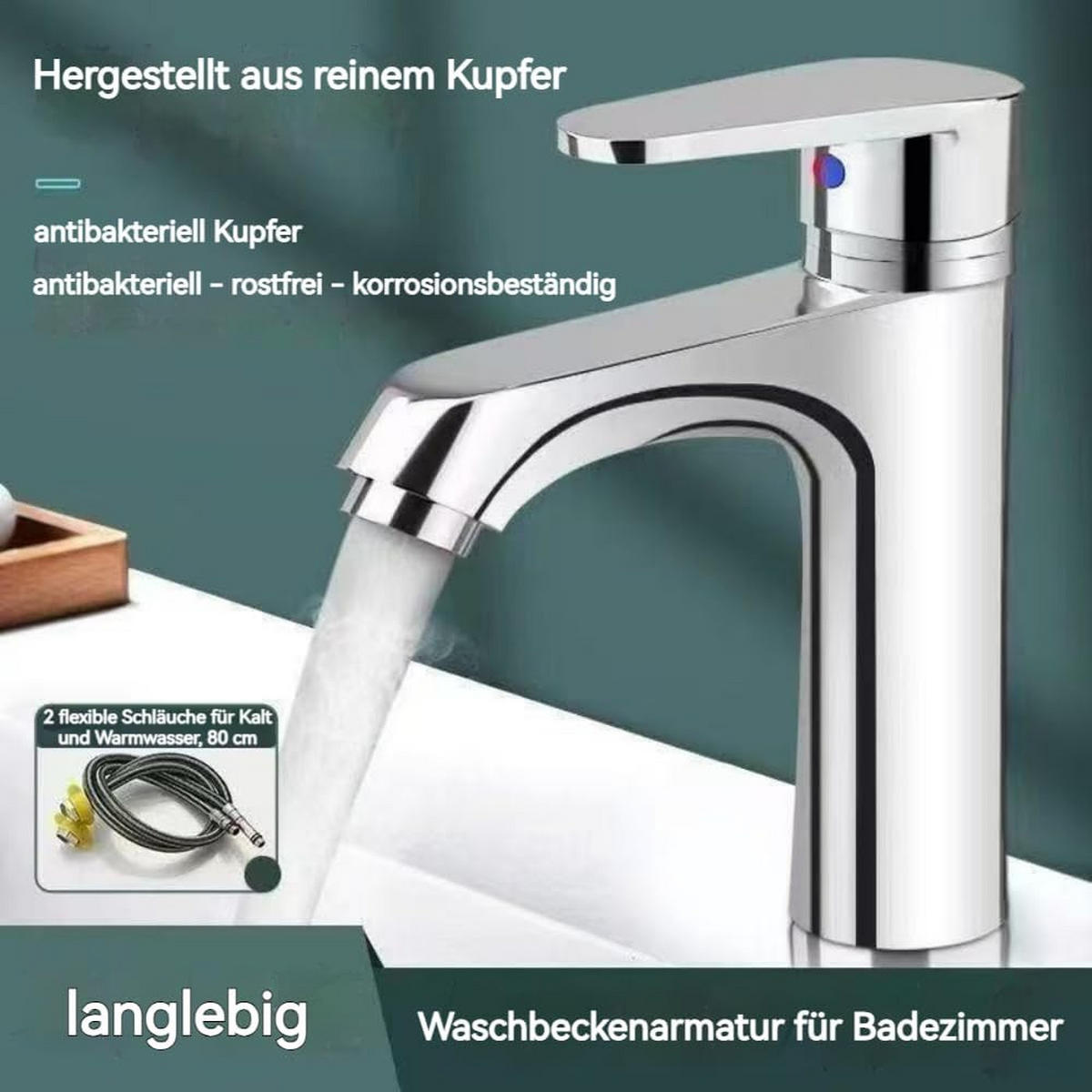 BADEZIMMERARMATUR, inklusive 80 cm Zulaufschlauch, 17 cm hoch, silber. - Silberfarben, Metall (50/6/25cm) - Vallsero