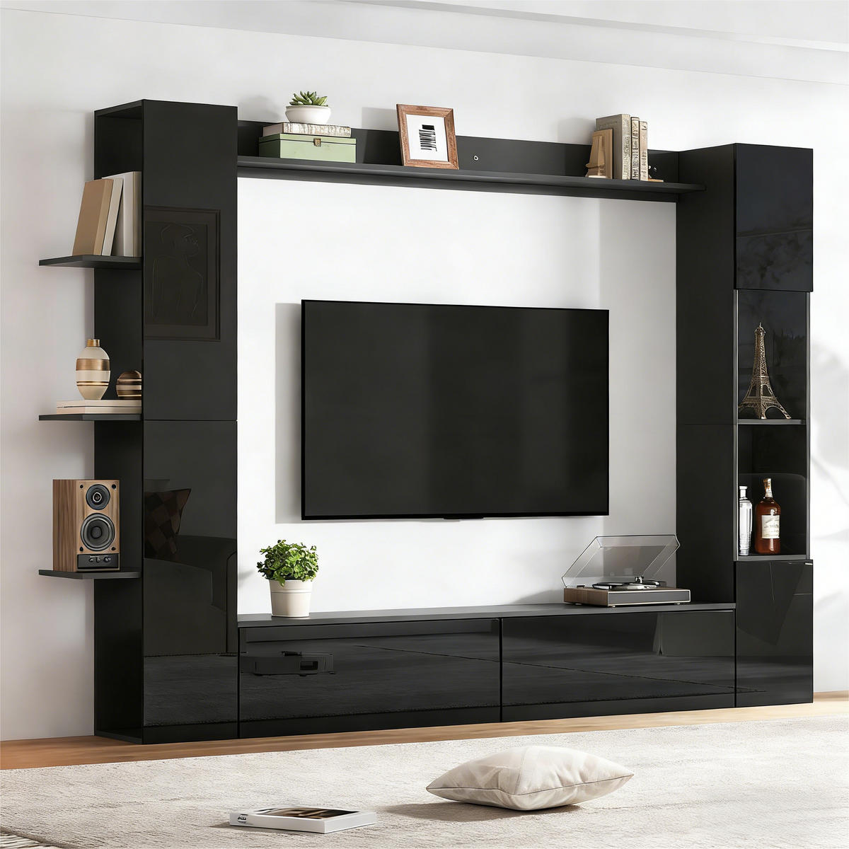 WOHNWAND 4-teilig TV Schrank Vitrine Stauraum Schwarz - Schwarz, Holzwerkstoff (245/170/30cm) - FLIEKS