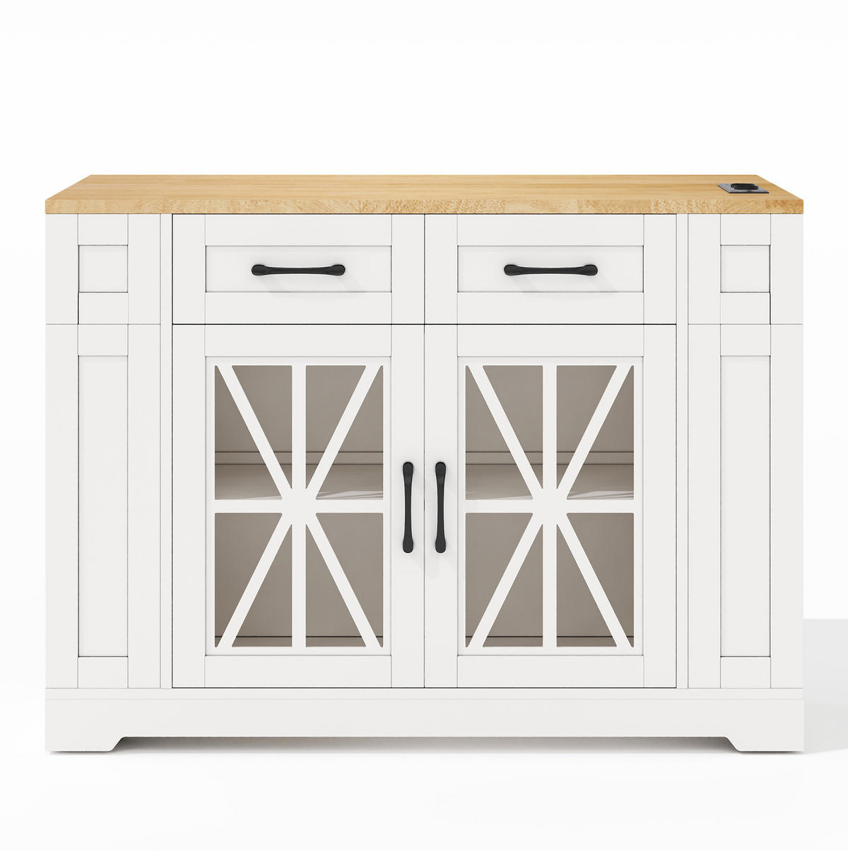 KÜCHENINSEL aus MDF 120x40(65)x92 cm Weiß/Natur mit Klapptisch, 2 AC- und 2 USB-Anschlüssen, Glastüren und Rollen - Weiß, Holzwerkstoff (120/92/65cm) - Modfu