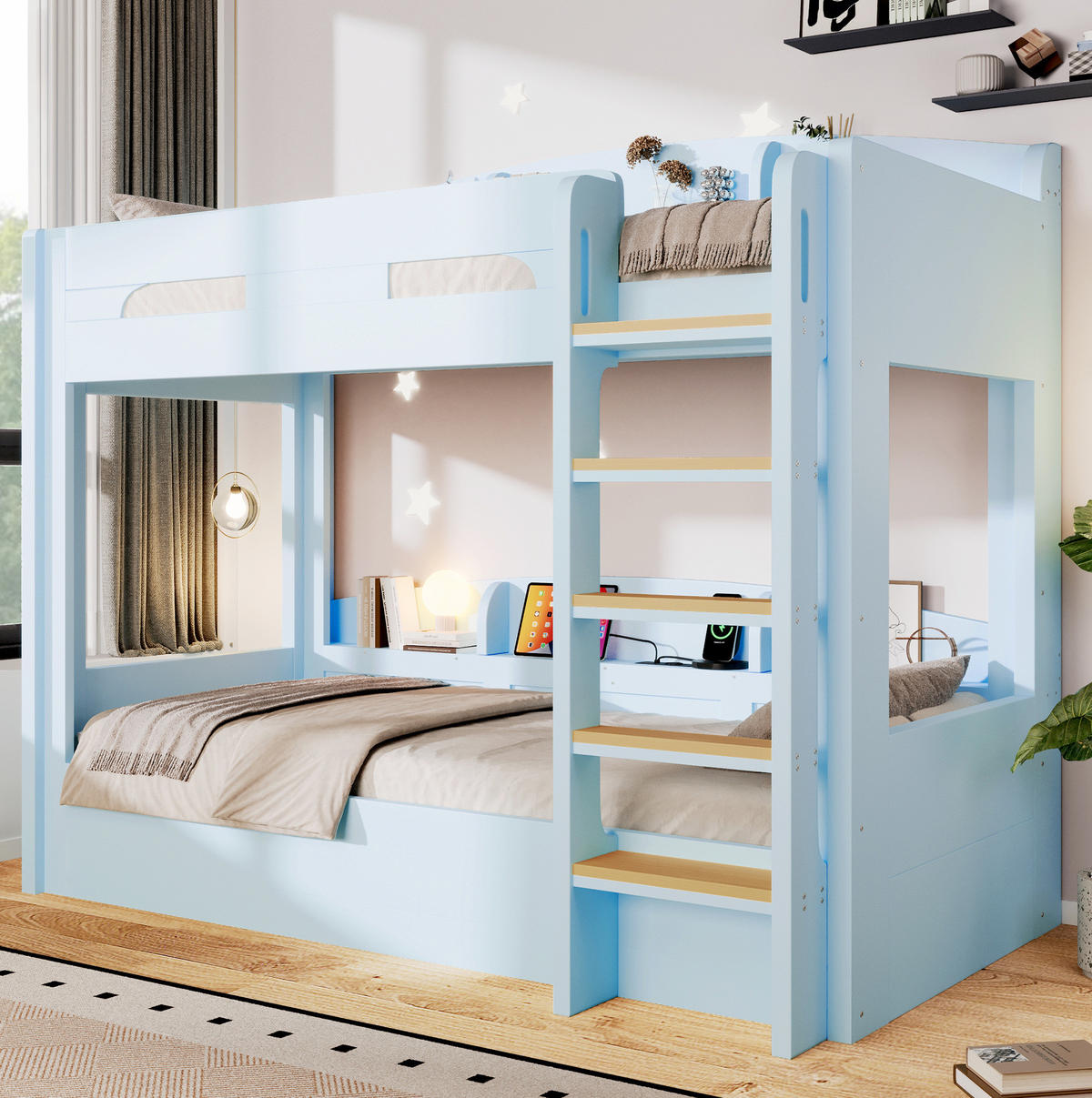 ETAGENBETT 90/200 cm in Hellblau mit USB-Steckdose und Ablagefächern - Blau, Holz (90/200cm) - Flora Grace