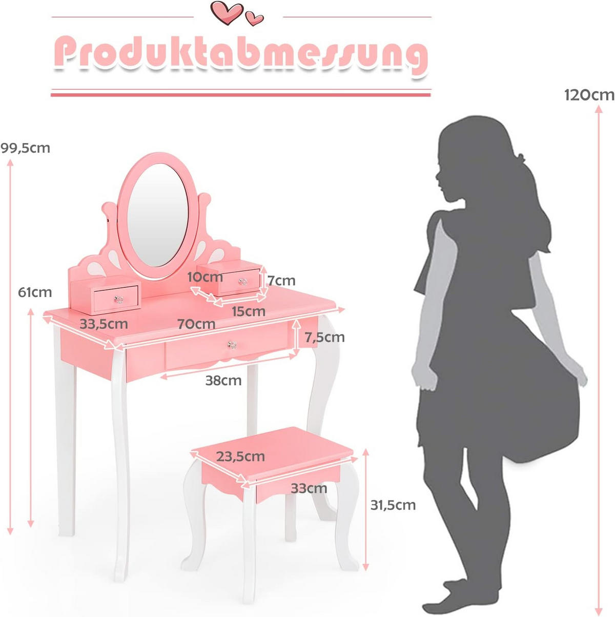 KINDER SCHMINKTISCH mit Hocker Pink - Pink, Holz (34/100/70cm) - COSTWAY