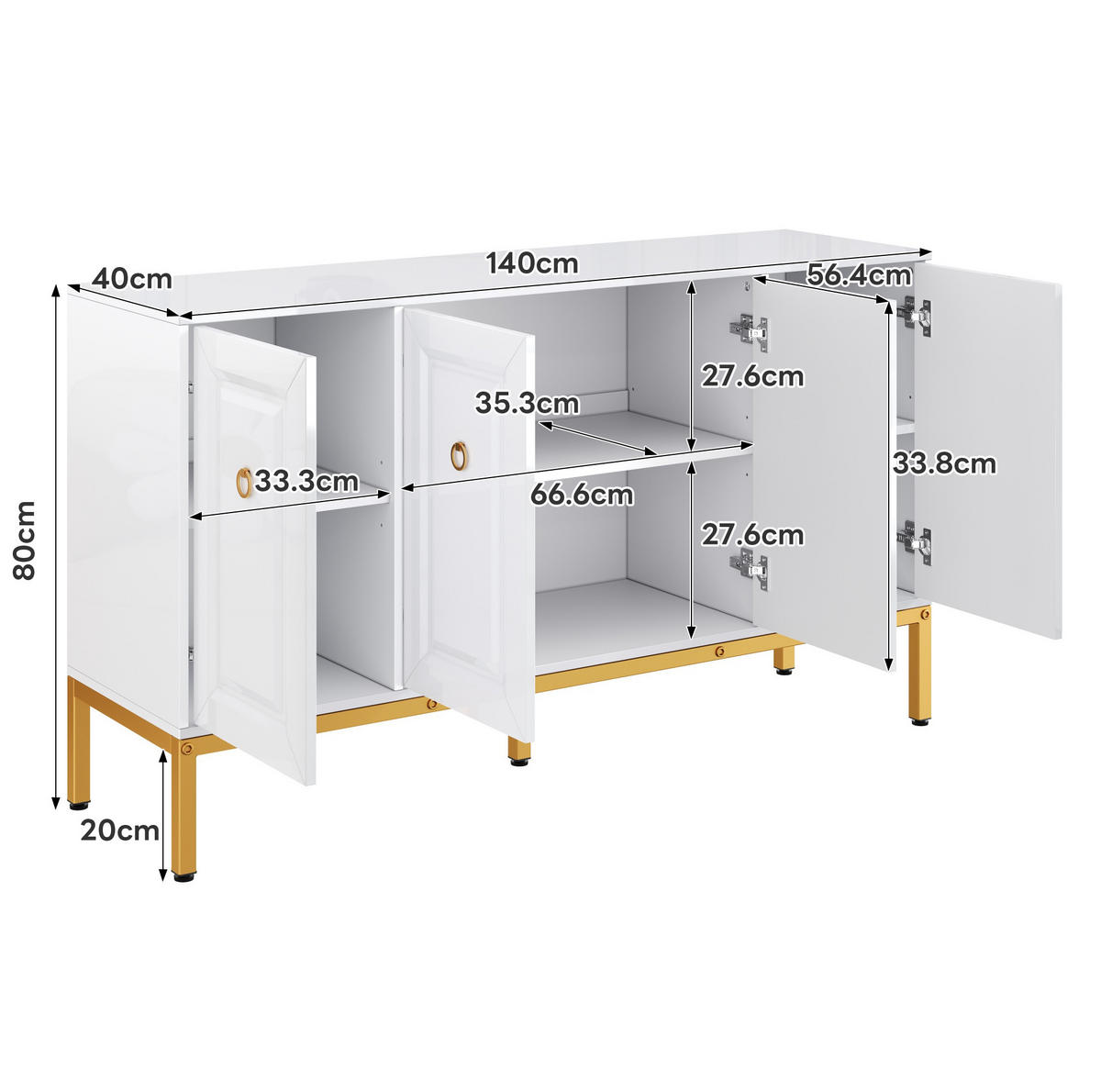 KOMMODE aus MDF&Spanplatte 140x40x80cm in Weiß mit Hochglanz - Weiß, Holzwerkstoff (140/80/40cm) - Modfu