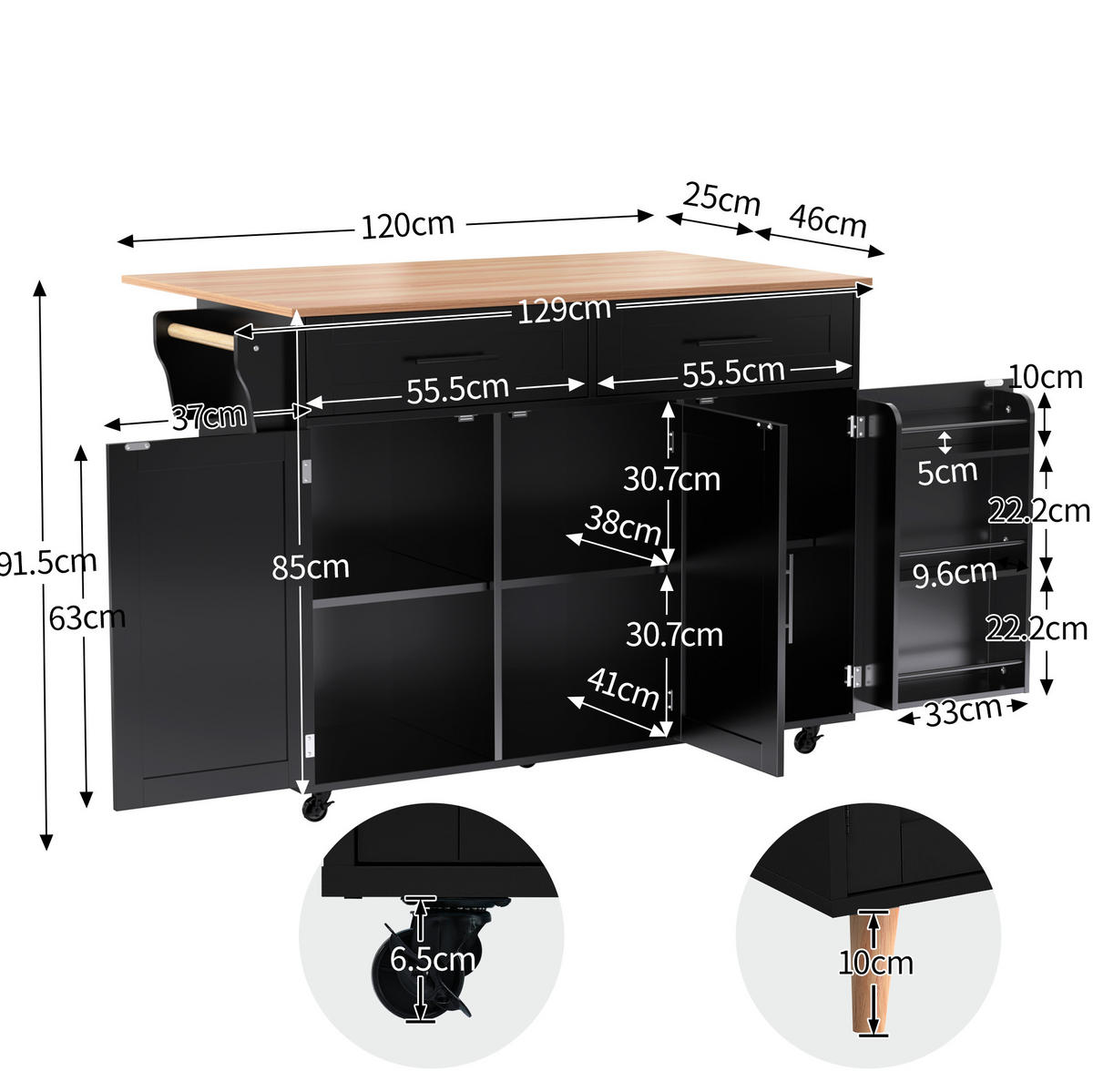 SERVIERWAGEN mit klappbarer Platte 129x71x91,5 cm MDF Black/Natural - Schwarz, Holz (46/91.5/120cm) - Beauniv