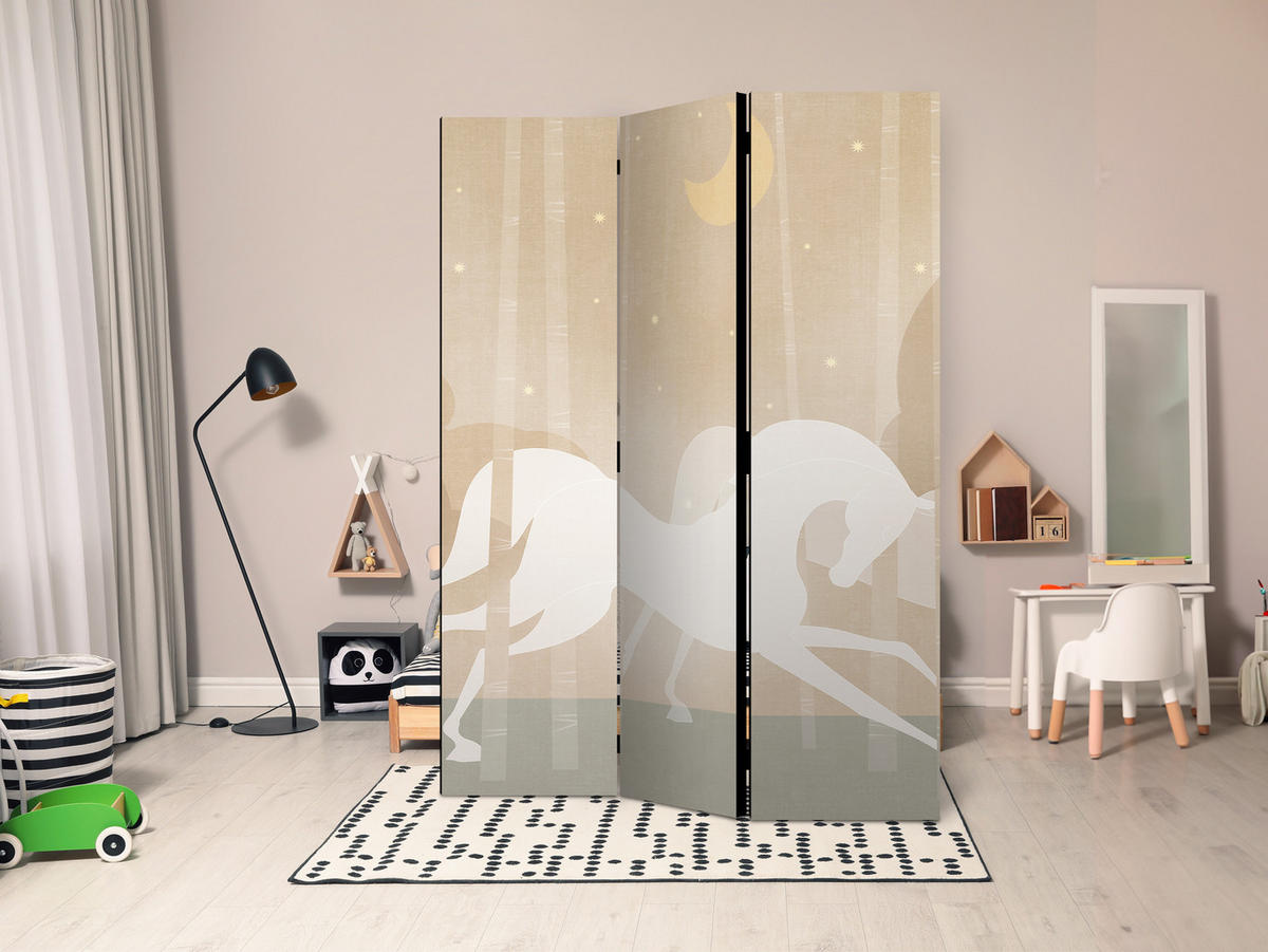 PARAVENT Einseitig Bedruckter 3-tlg 135x172 cm Pferde Boho-Stil - Beige, Holz/Textil (135/172/3cm) - Muralo