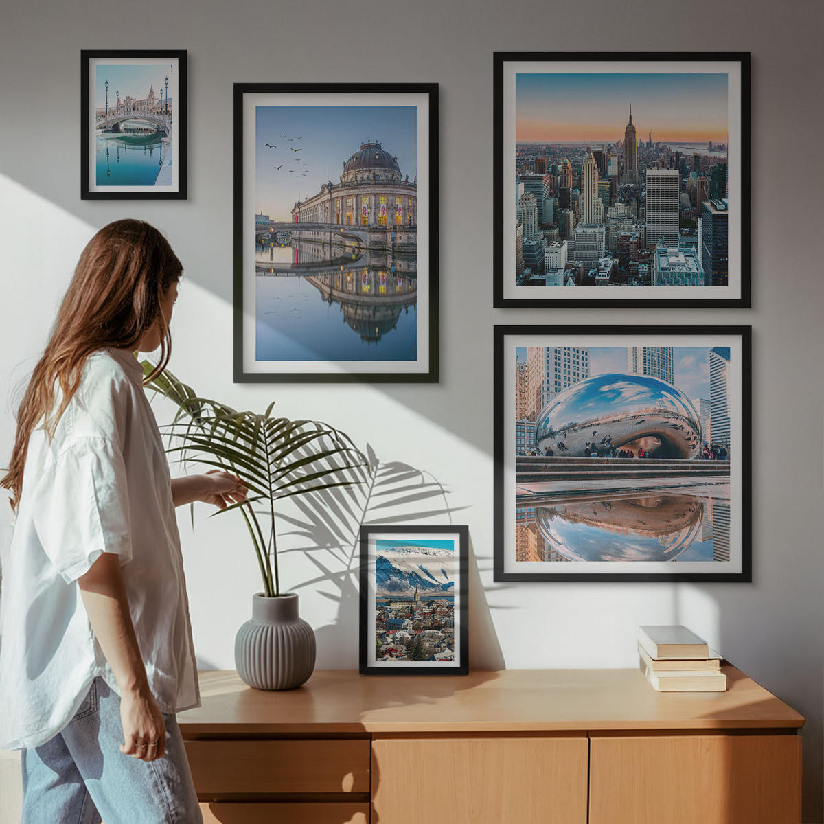 BILDER SET 5er Set - 50x50 cm & 20x30 cm & 40x60 cm Schwarzer Rahmen - Architektur von Städten am Wasser - Schwarz, Kunststoff (40/60cm) - TULUP