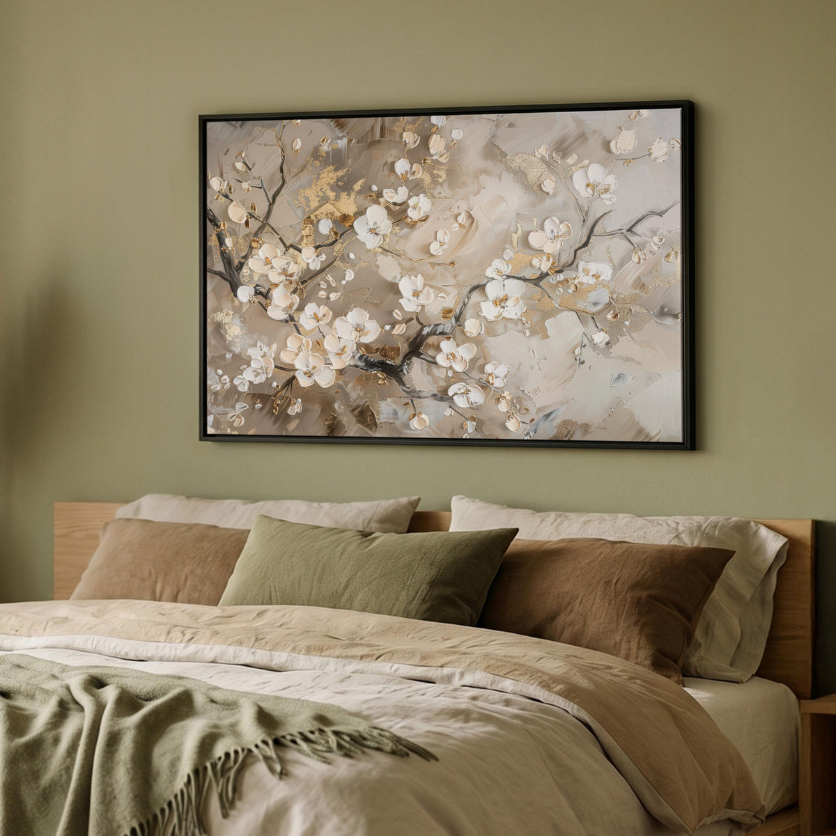 LEINWAND Bilder mit Rahmen - Blumen - Weiß - Gold - Beige - Luxus - 90x60 - Greige, Textil (90/60cm) - MuchoWow