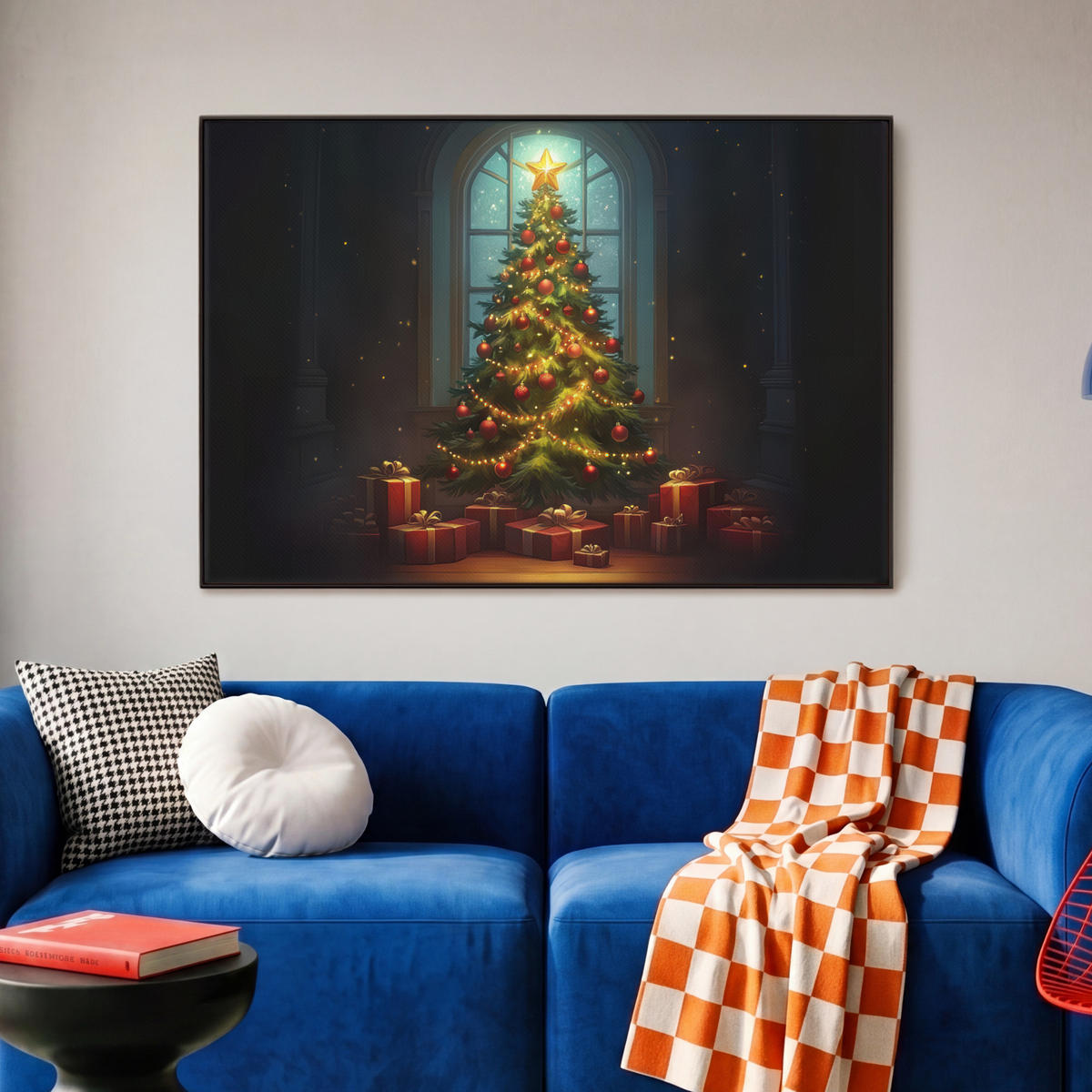 LEINWAND Bilder mit Rahmen - Weihnachtsbaum - Geschenk - Winter - 90x60 - Grün, Textil (90/60cm) - MuchoWow