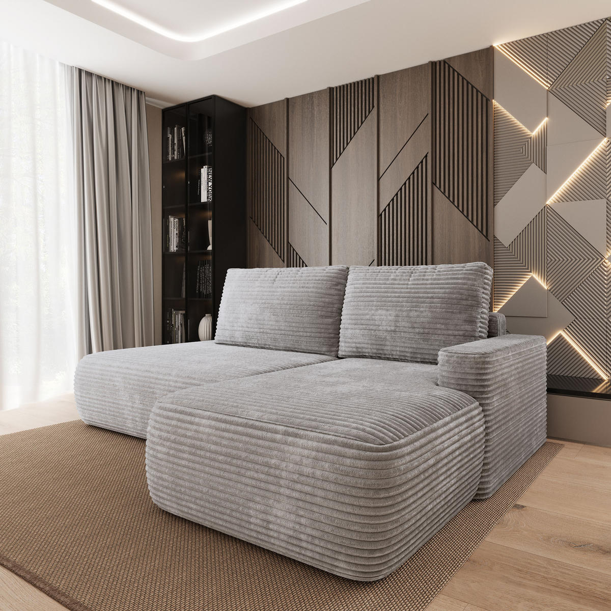 ECKSOFA AVINI T R-S Hellgrau Kordstoff mit Schlaffunktion - Hellgrau, Holzwerkstoff/Textil (277/160cm) - MASSENO