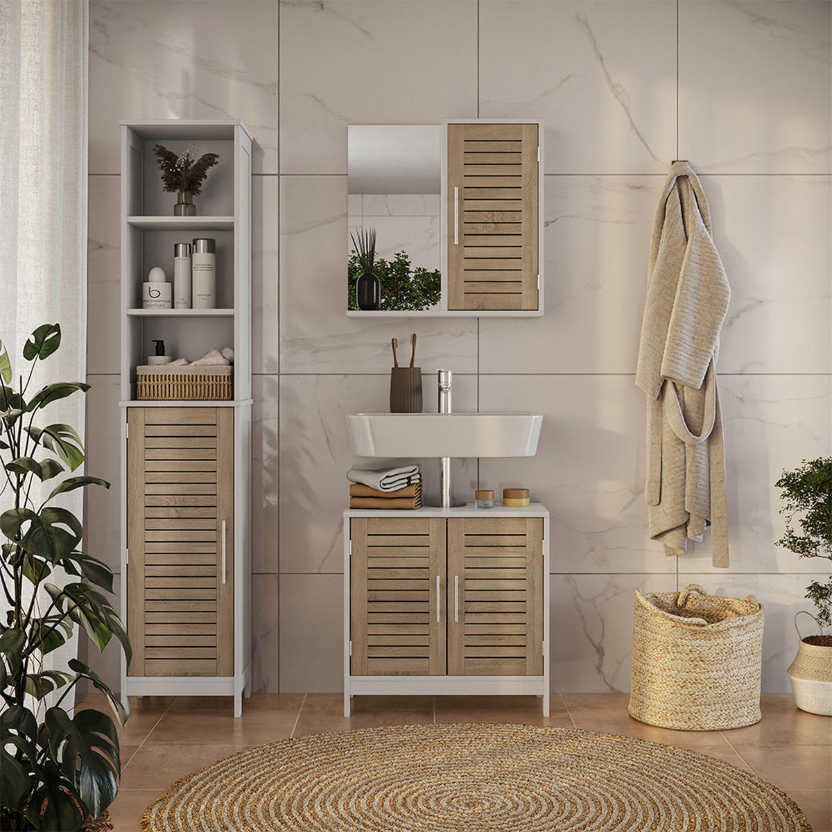 BADMÖBEL-SET Looma Weiß/Eiche 3 Teile - Weiß, Holzwerkstoff (60/60/29.6cm) - Vicco