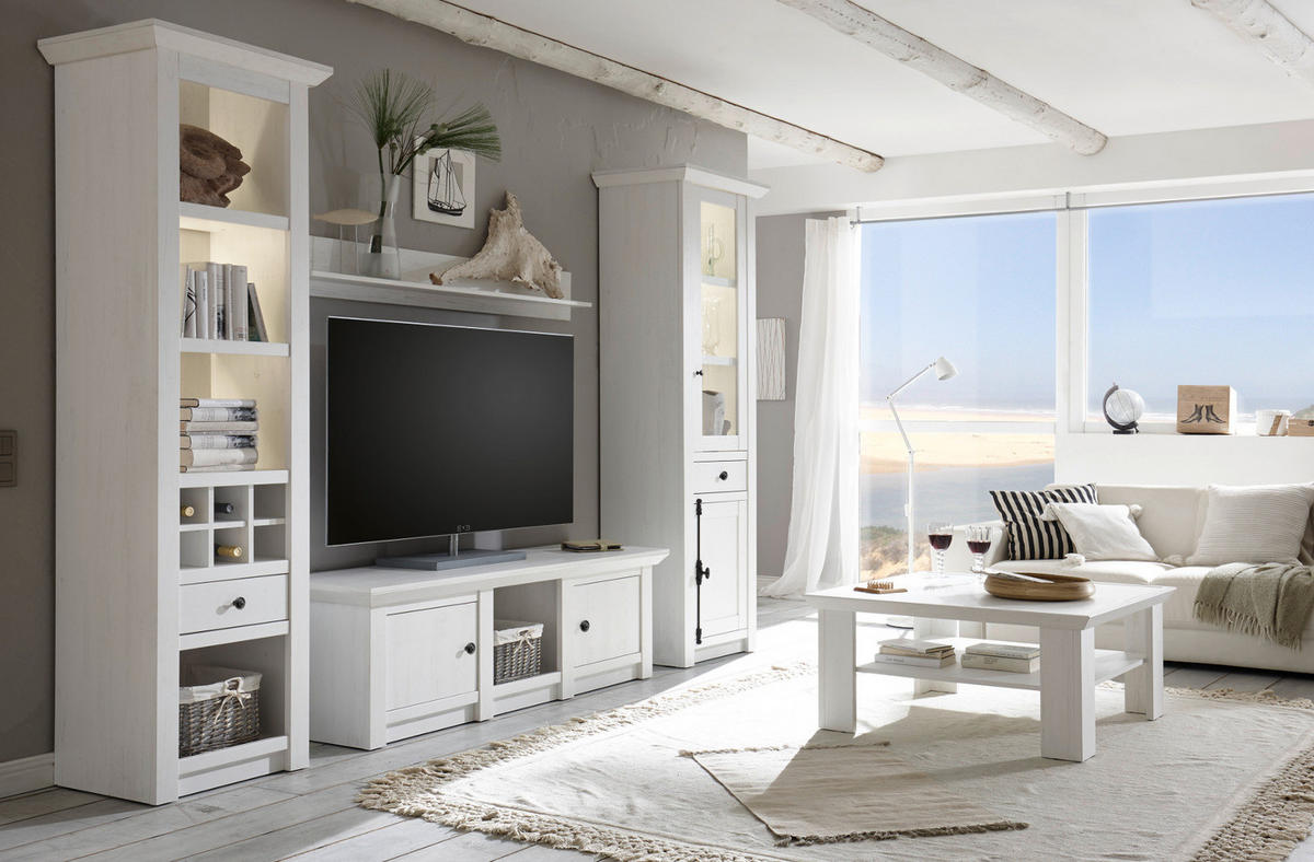 WOHNWAND weiß Pinie Landhaus, Schrankwand 4-teilig 293 x 207 cm - Anthrazit/Weiß, Holzwerkstoff/Metall (63/207/45cm) - Furn.Design