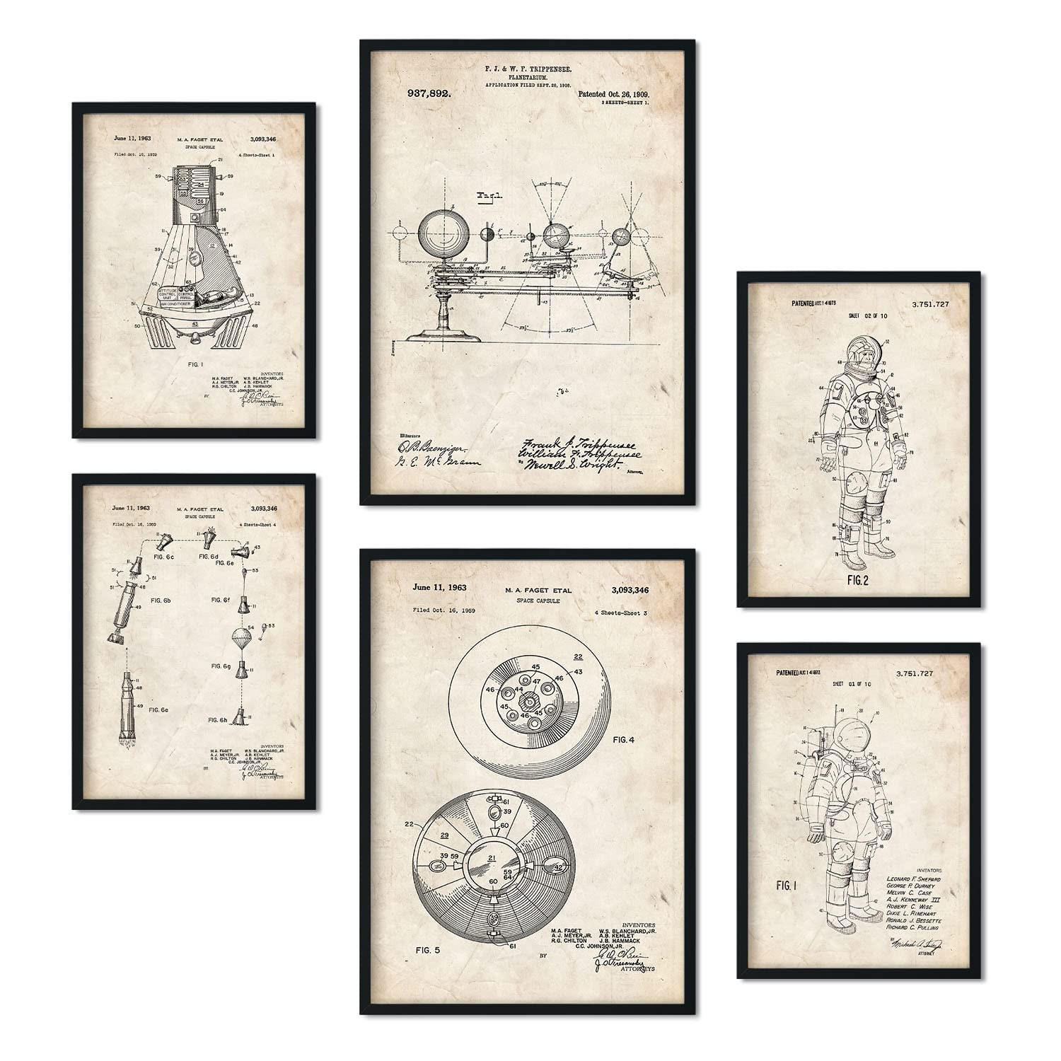POSTER Set Mit 6 Plakaten Mit Astronaut Patenten Im Vintage Stil A3 & A4 Rahmenlos - Klar, Papier (29/3cm) - Nacnic