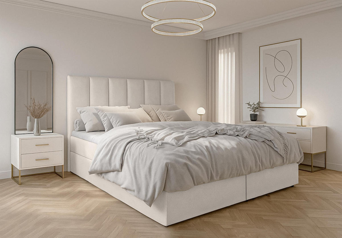 BOXBETT MEREA 180x200 cm mit Bettkasten und Matratze - Beige - Beige/Schwarz, Holz/Holzwerkstoff (180/200cm) - AX Living