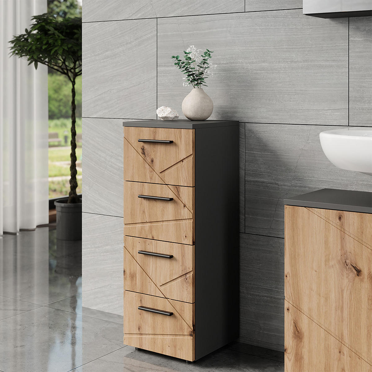 MIDISCHRANK Irma Anthrazit/Artisan 30 x 81 cm mit 4 Schubladen - Anthrazit/Eiche Artisan, Holzwerkstoff (30/81/30cm) - Vicco