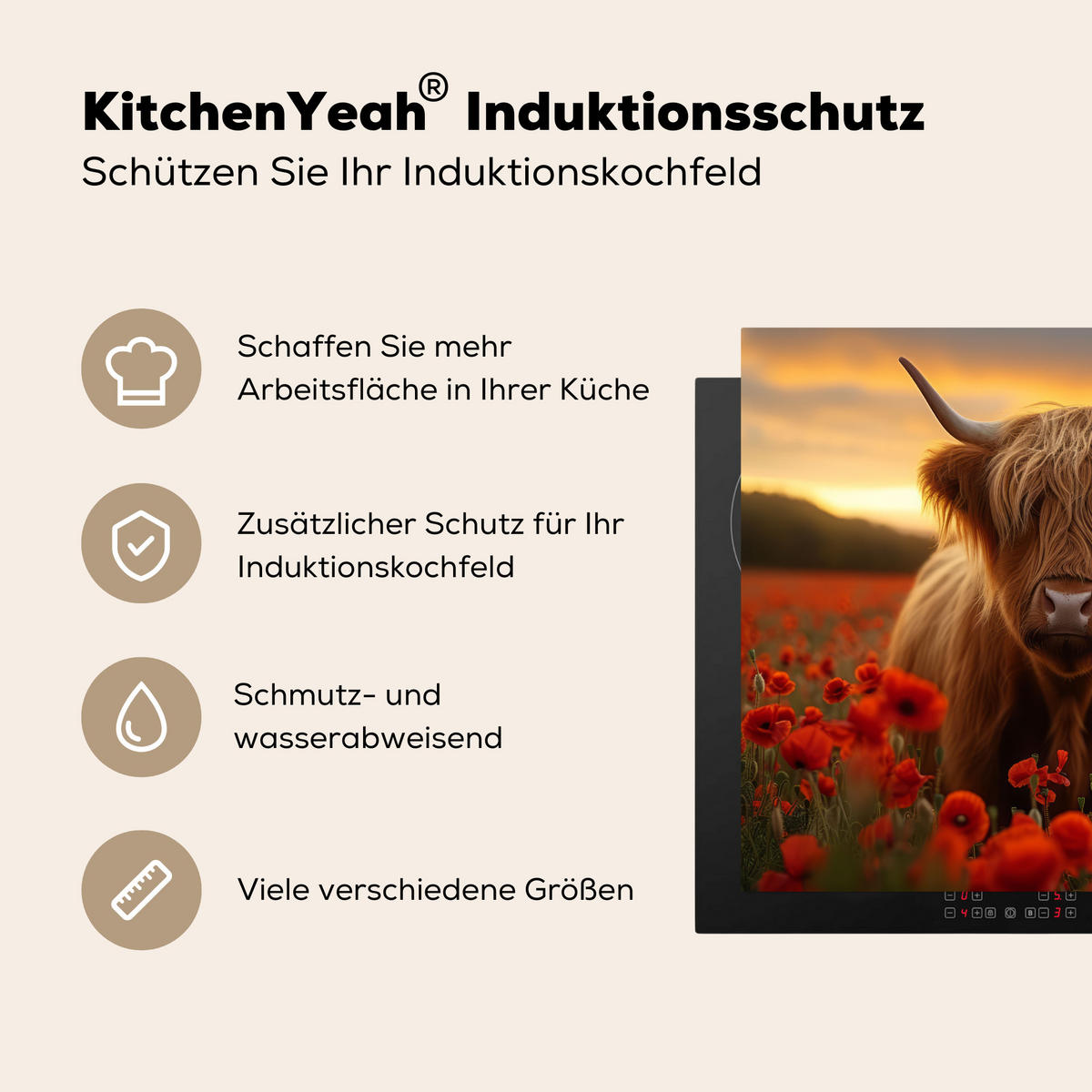 HERDABDECKPLATTE Schottische Highlander - Rosen - Blumenfeld - Sonnenuntergang Herdabdeckung Induktionsfeld 60x52 cm - Rotbraun, Kunststoff (60/52/0.2cm) - MuchoWow