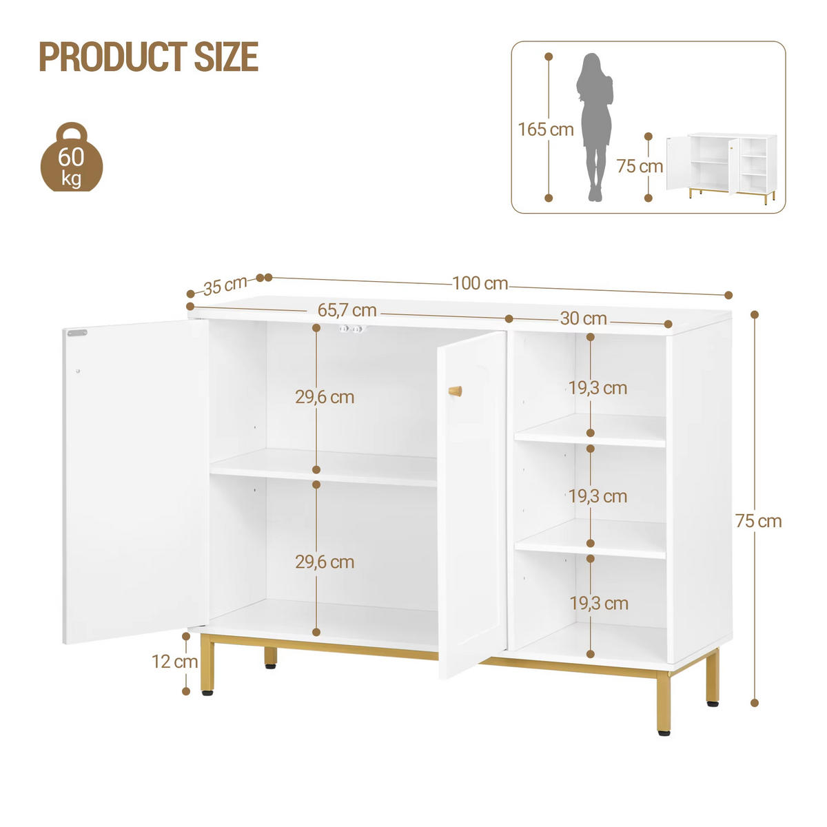 BADEZIMMERSCHRANK Weiß/Gold verstellbares Regal Sideboard - Weiß, Holz (100/70/35cm) - Kaket